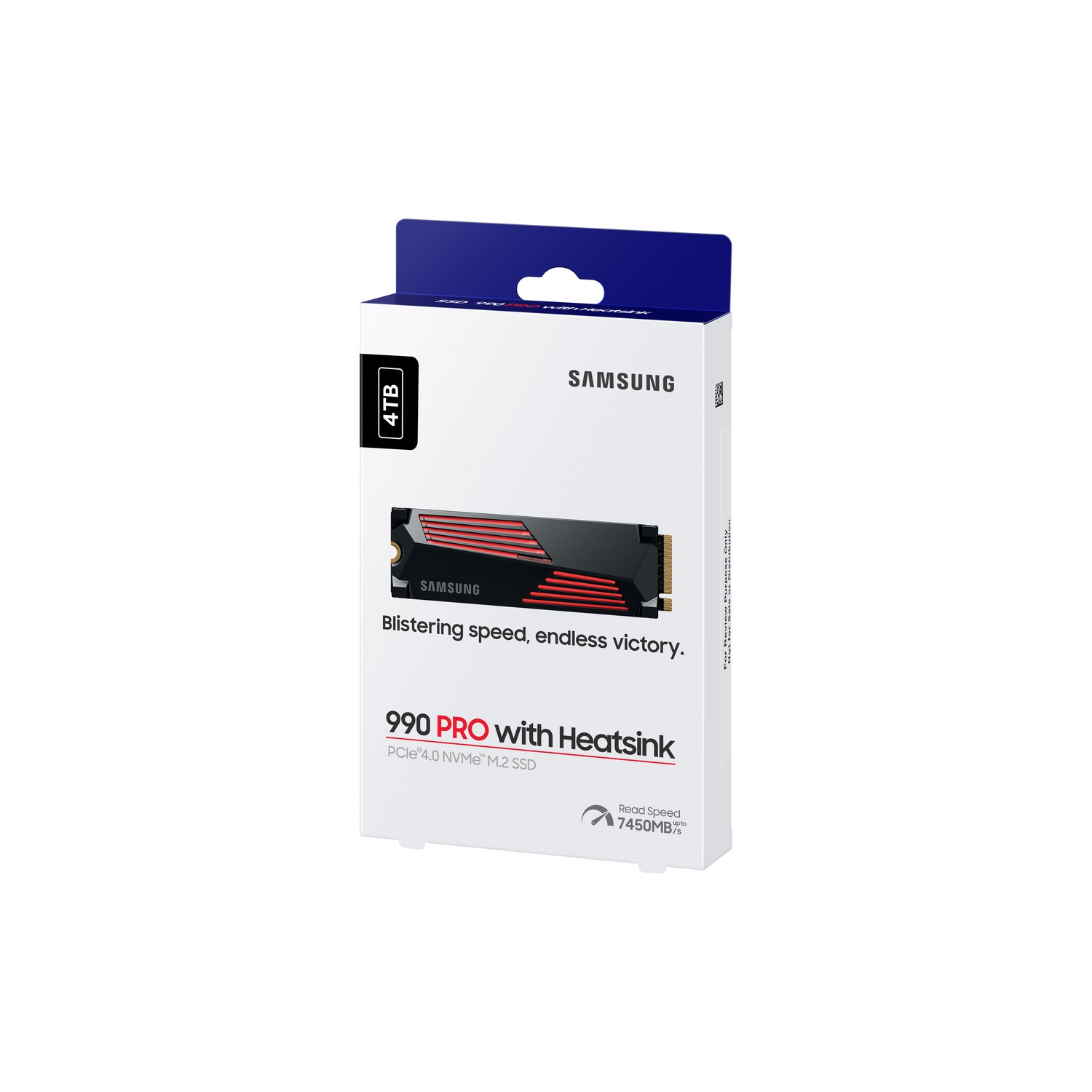 Een witte doos met een zwarte SSD erin. De doos heeft een Samsung logo en een 4TB label.