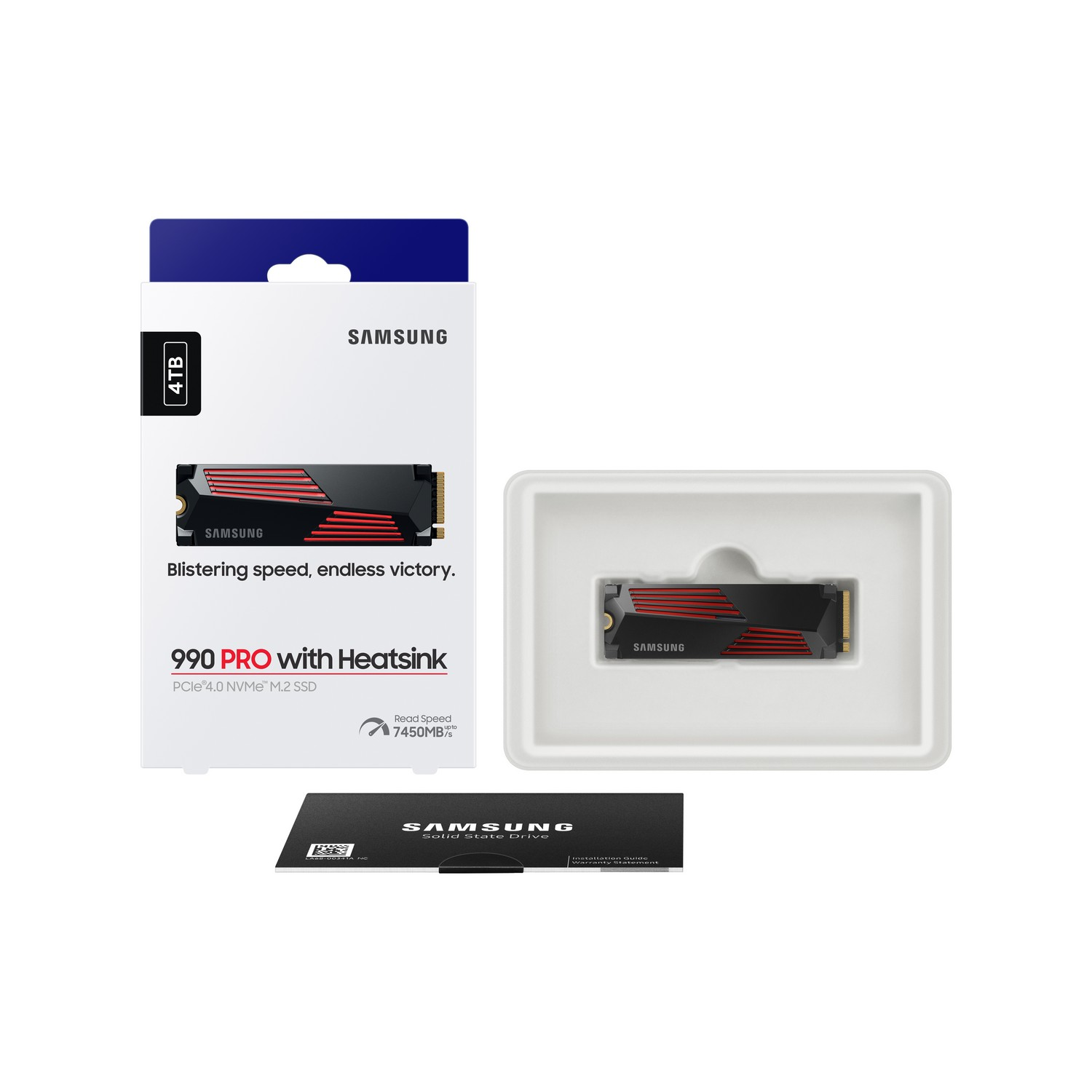Samsung 990 PRO SSD en verpakking. Zwarte, rode en witte kleuren domineren het ontwerp.