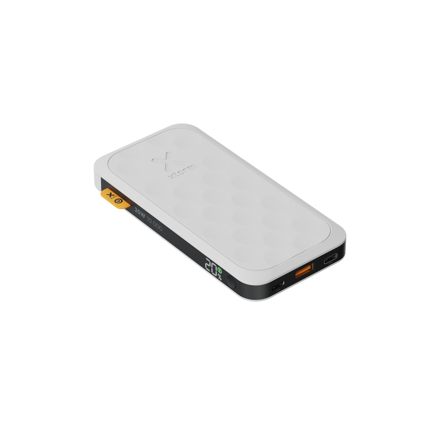 Batterie externe Xoom 10 000 mAh blanche et grise. Bord noir, accent orange, affichage numérique.