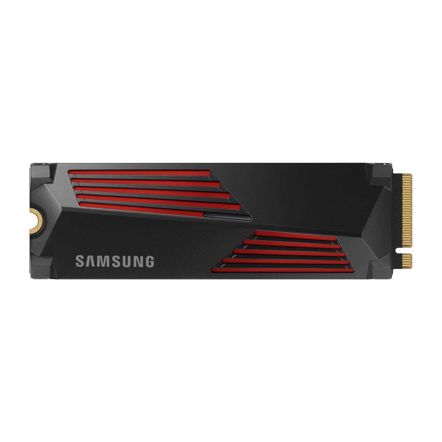 Zwarte NVMe SSD-drive met rode accenten. Samsung-logo op de drive.