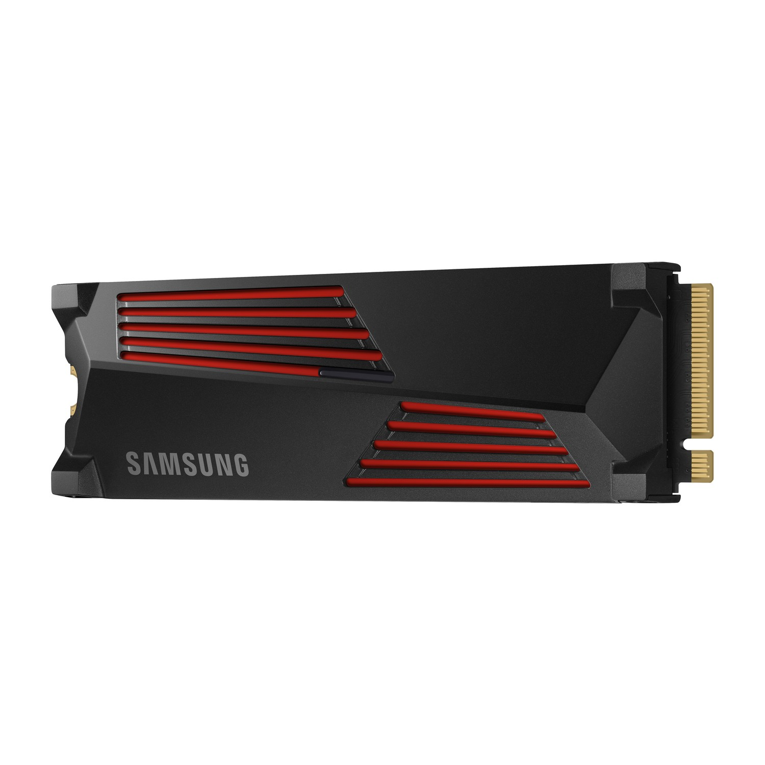 Zwarte SSD met rode strepen en Samsung-logo. Gouden connector rechts.