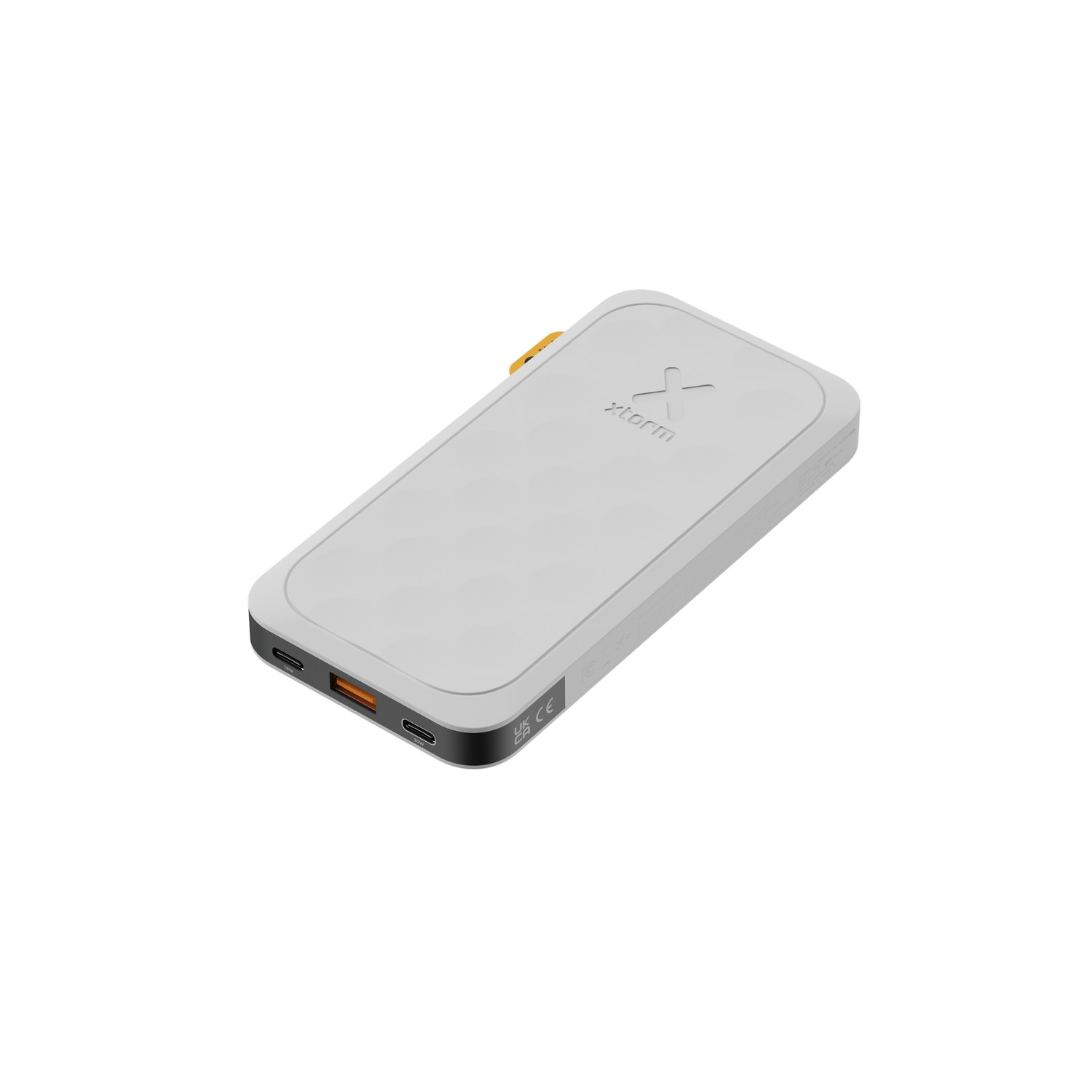 Une batterie externe blanche et grise avec une sangle jaune et des ports USB.