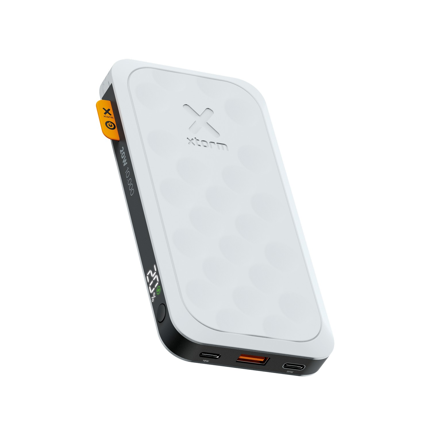 Batterie externe blanche, 20W, 10 000, détails orange et noirs.