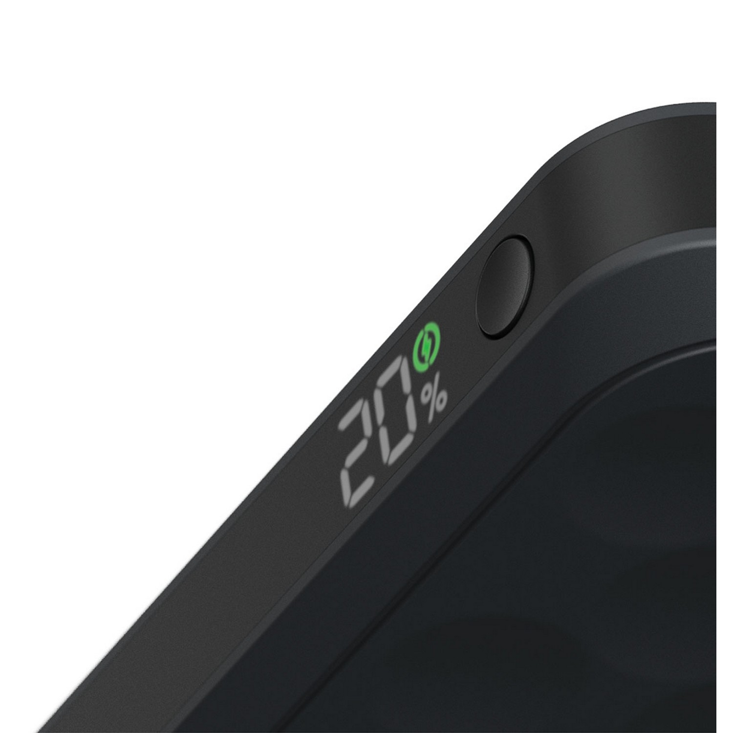 Coin d'appareil noir, l'écran numérique affiche 20% de charge et un bouton.