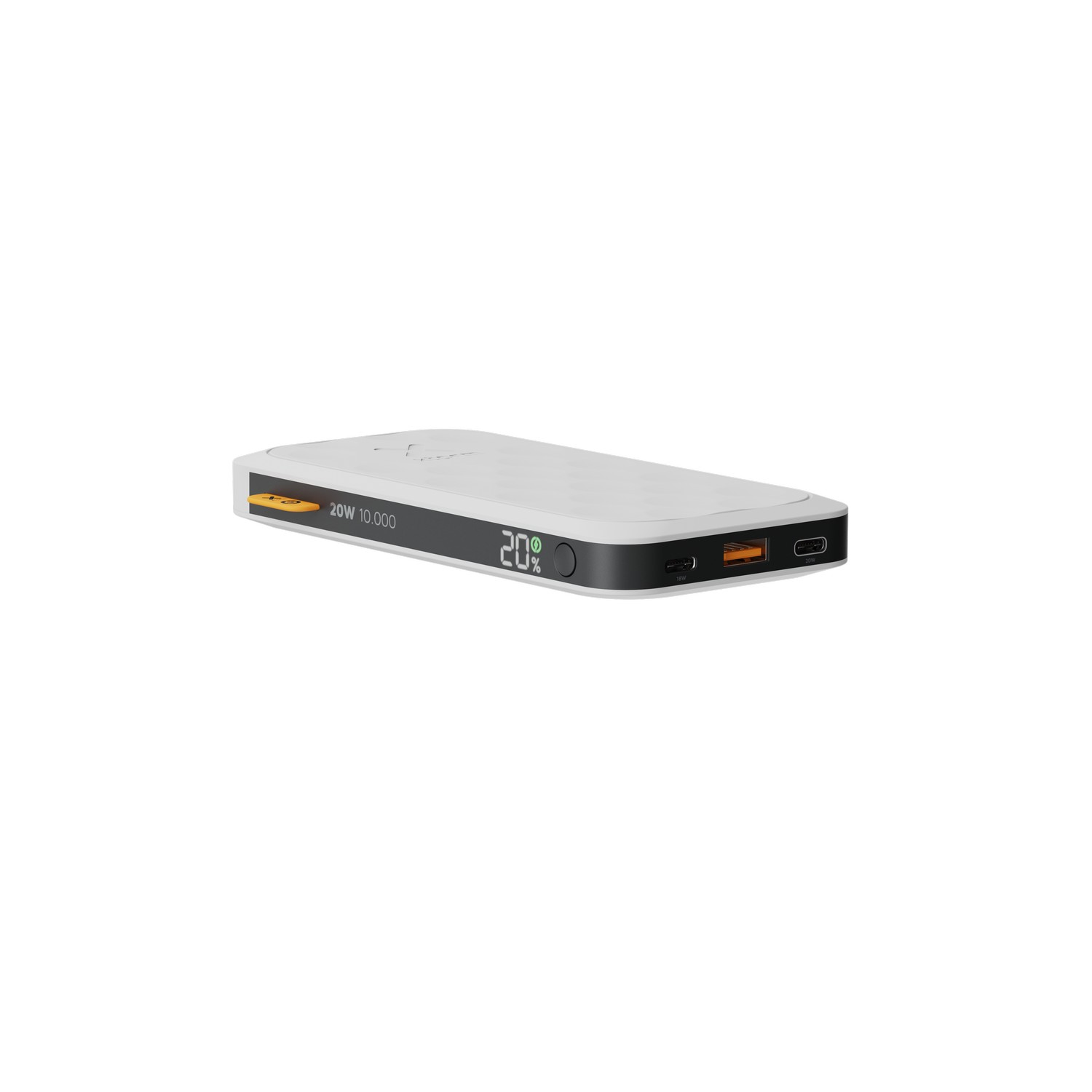 Batterie externe blanche et grise avec 20% de charge et une sortie de 20W.