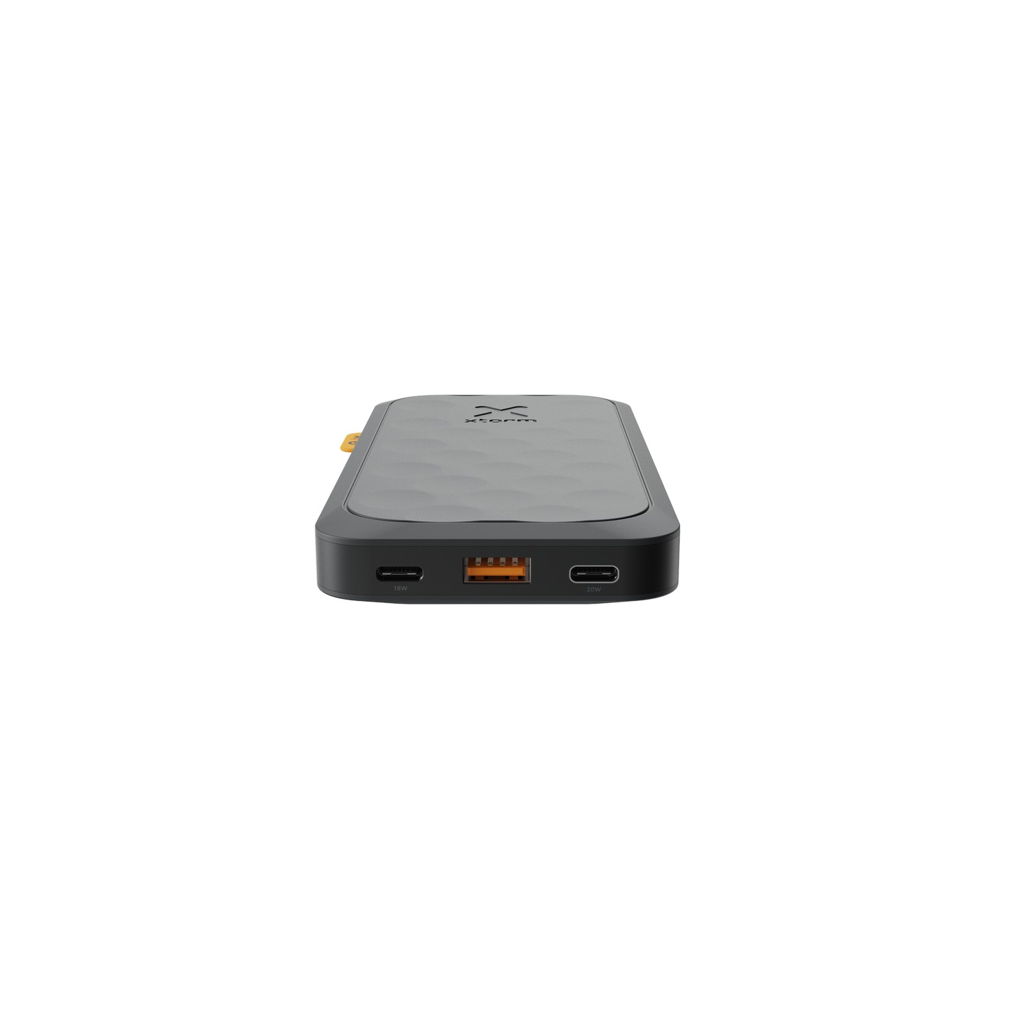 Une batterie externe noire et rectangulaire avec quelques ports et un indicateur d'alimentation en haut.
