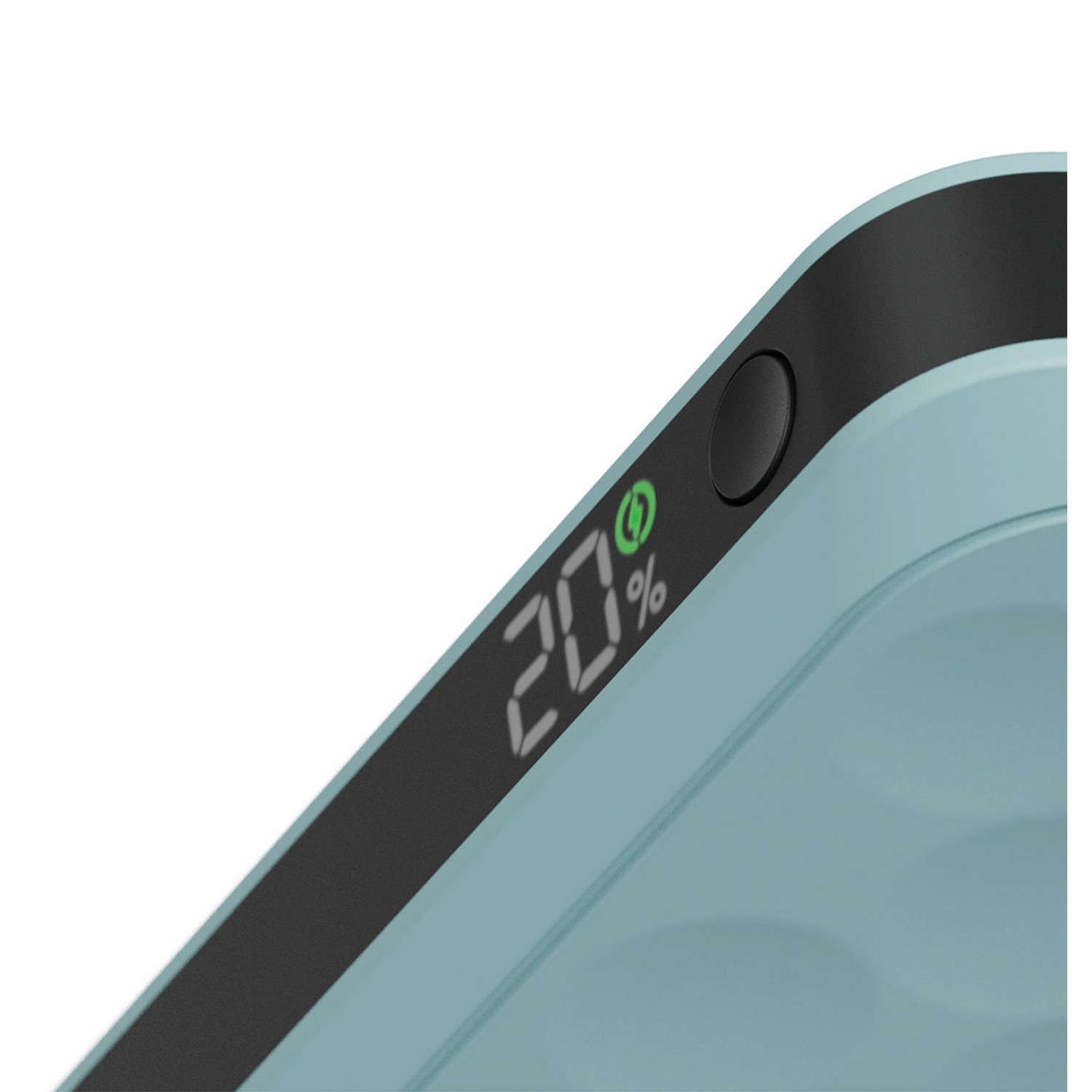 Gros plan d'une batterie externe bleu sarcelle indiquant 20 %.