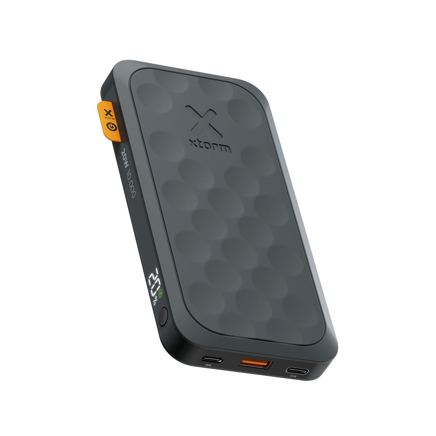 Batterie externe noire avec des accents orange. Affiche 20W 10 000 sur le côté et le pourcentage sur l'écran.