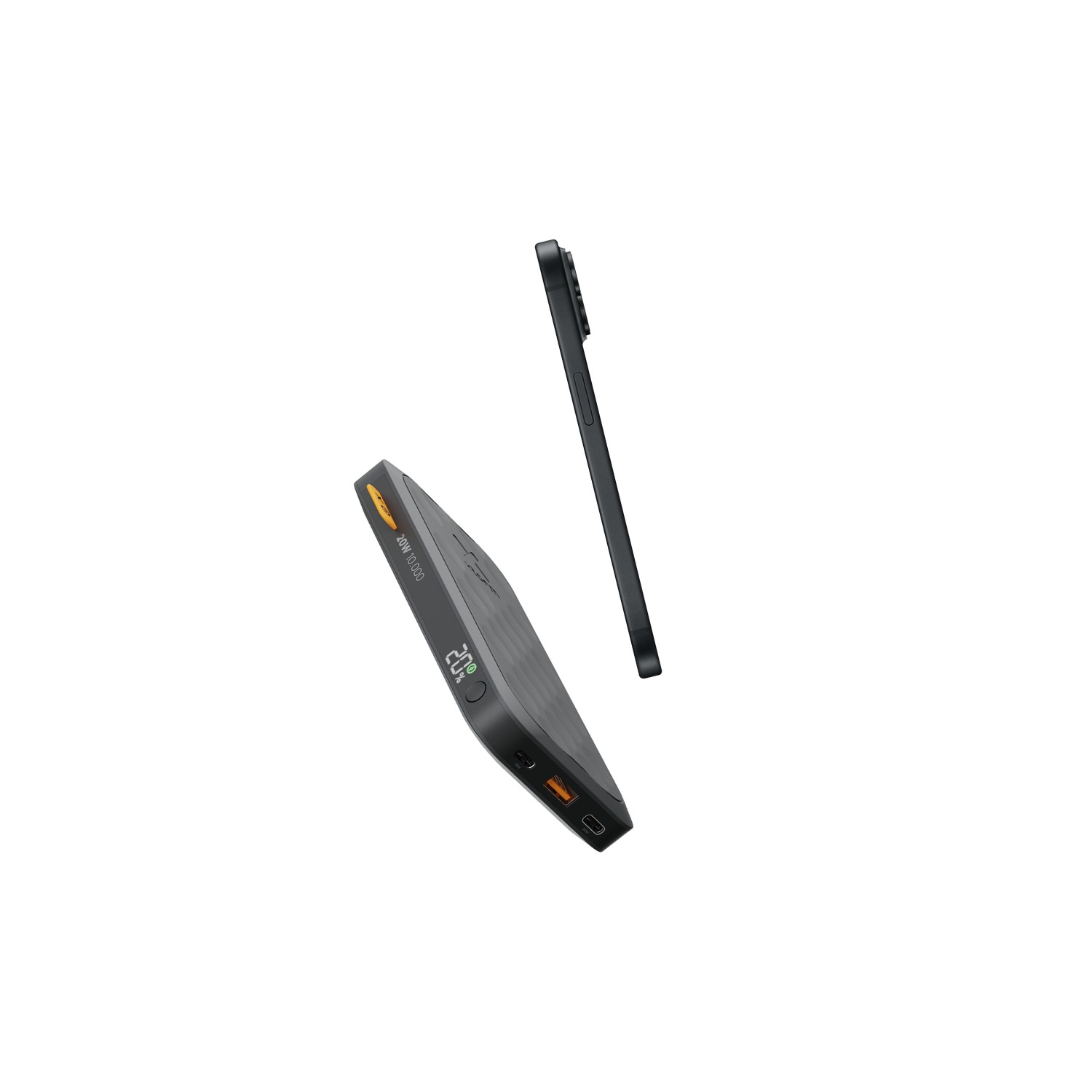 Une batterie externe et un téléphone, montrant l'affichage de la batterie externe.