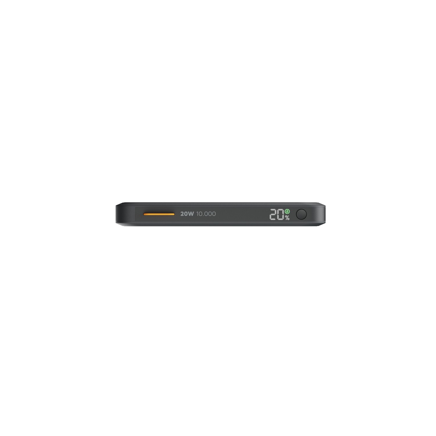 Une batterie externe noire avec une étiquette 20W 10.000 et un indicateur de charge à 20%.
