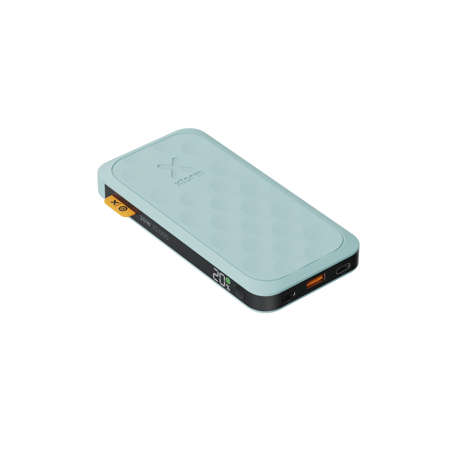 Une batterie externe turquoise avec le logo "xtorm". Elle affiche 20%.