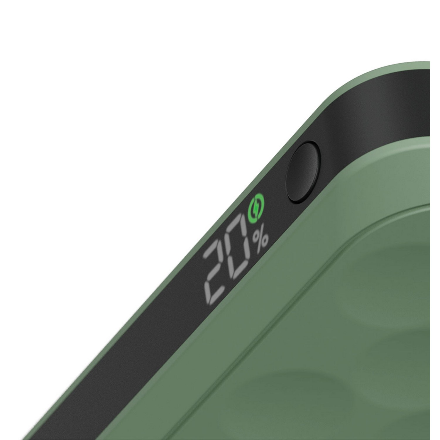 Close-up of a green power bank showing 20% battery charge and an indicator.
