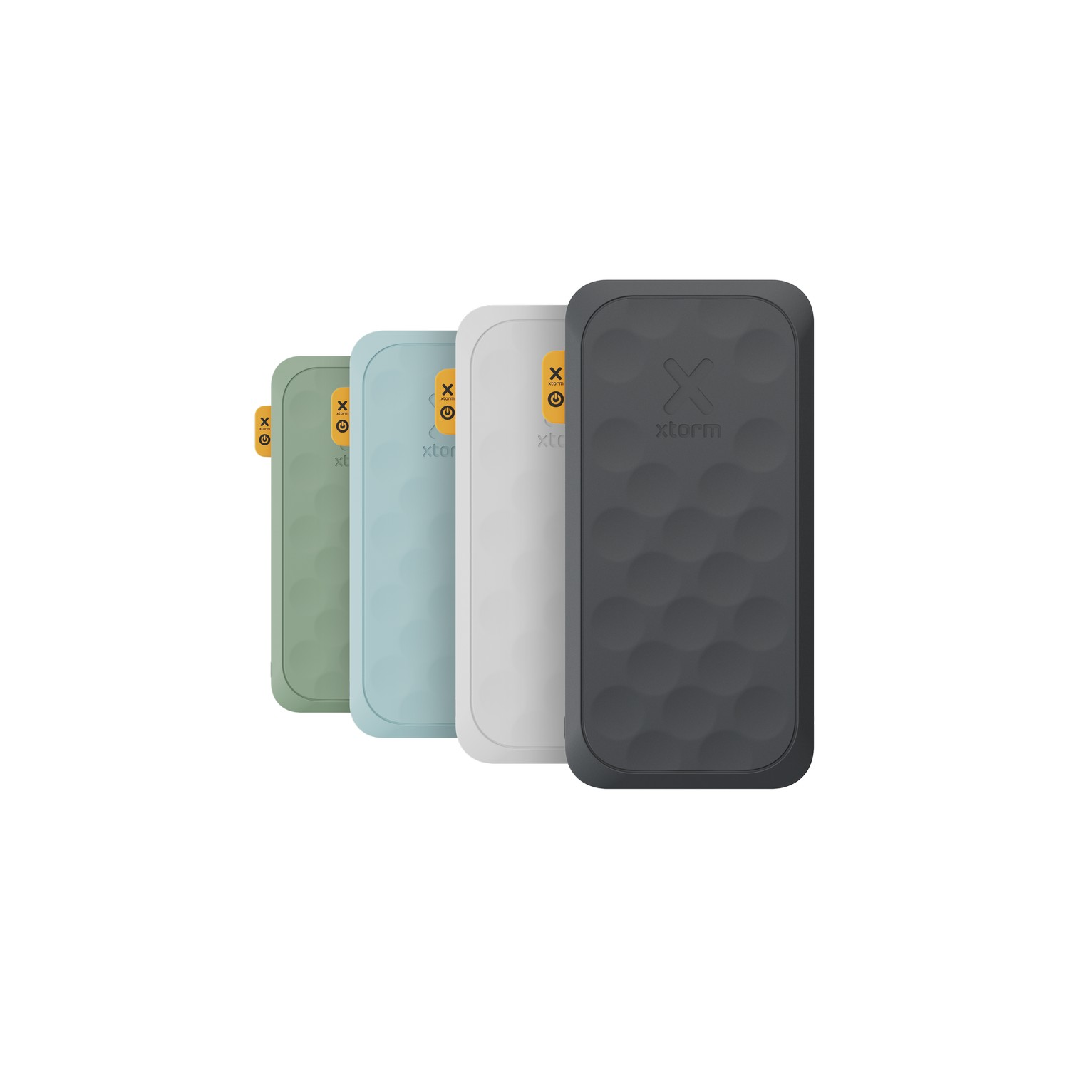 Four power banks in various colors, side-by-side, white background.
