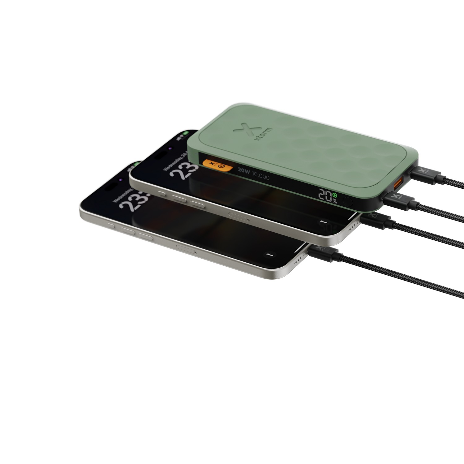 Two phones charging from a green power bank. Power bank displays 20% charge.