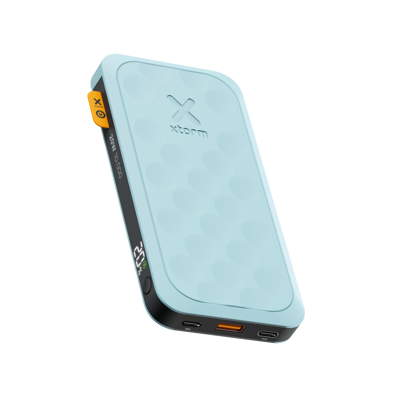 Batterie externe turquoise avec affichage 20%.