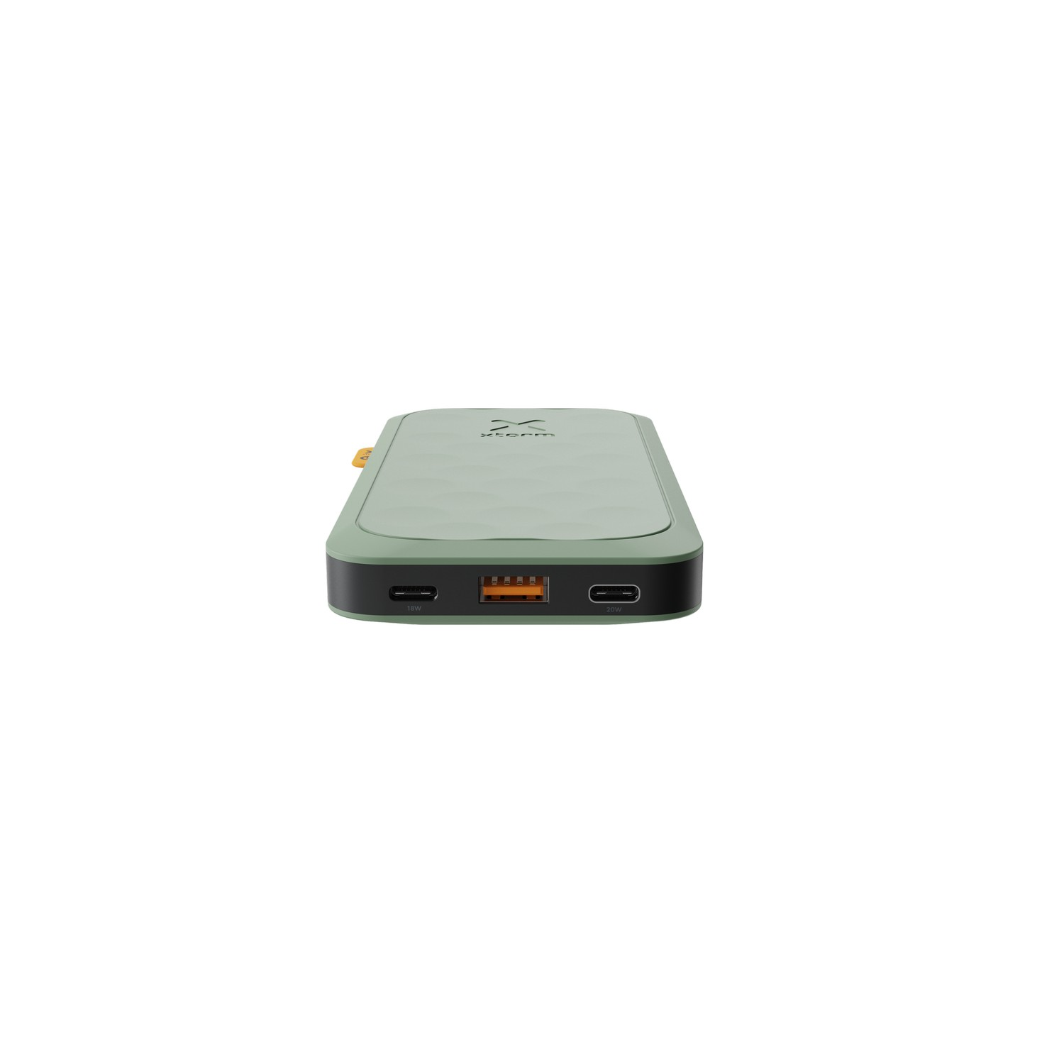 Green power bank, rectangular shape, with charging ports on the sides and a power indicator.