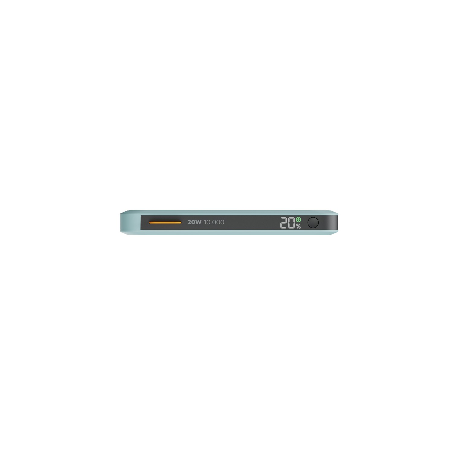 Une batterie externe turquoise avec une étiquette 20W 10.000 et un indicateur de batterie à 20% sur fond blanc.