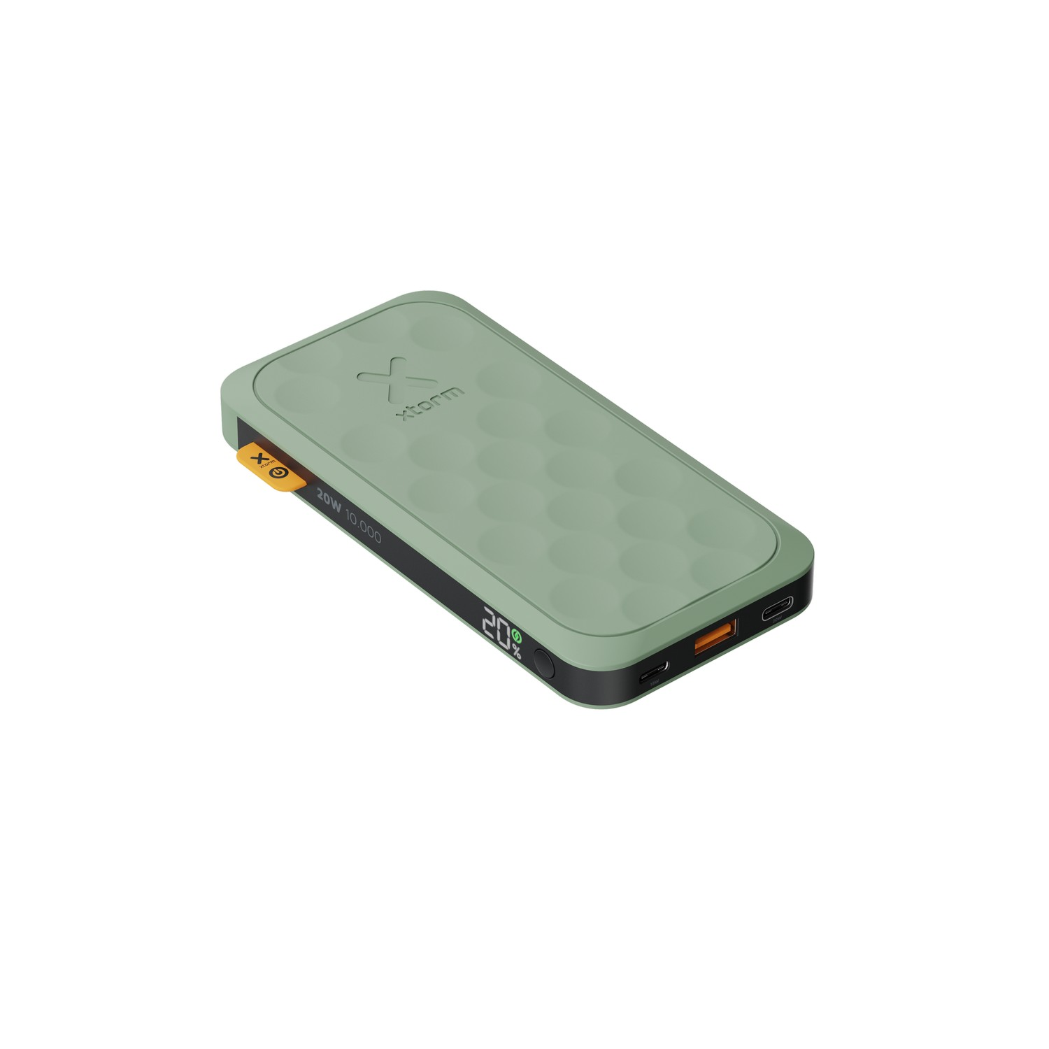Green power bank with a black border and a display.