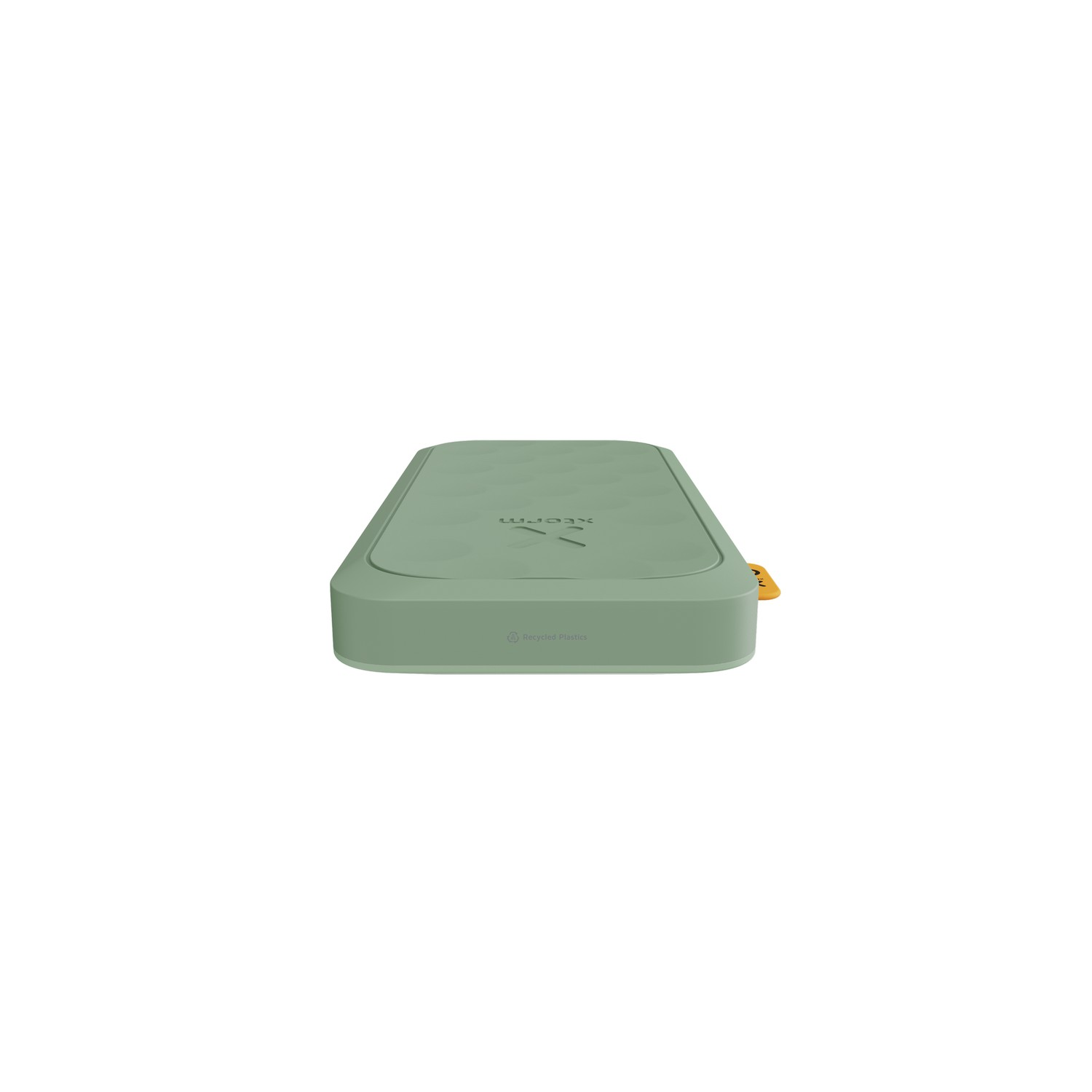A light green, rectangular device, labeled with 'recycled plastics' and a yellow pull tab.