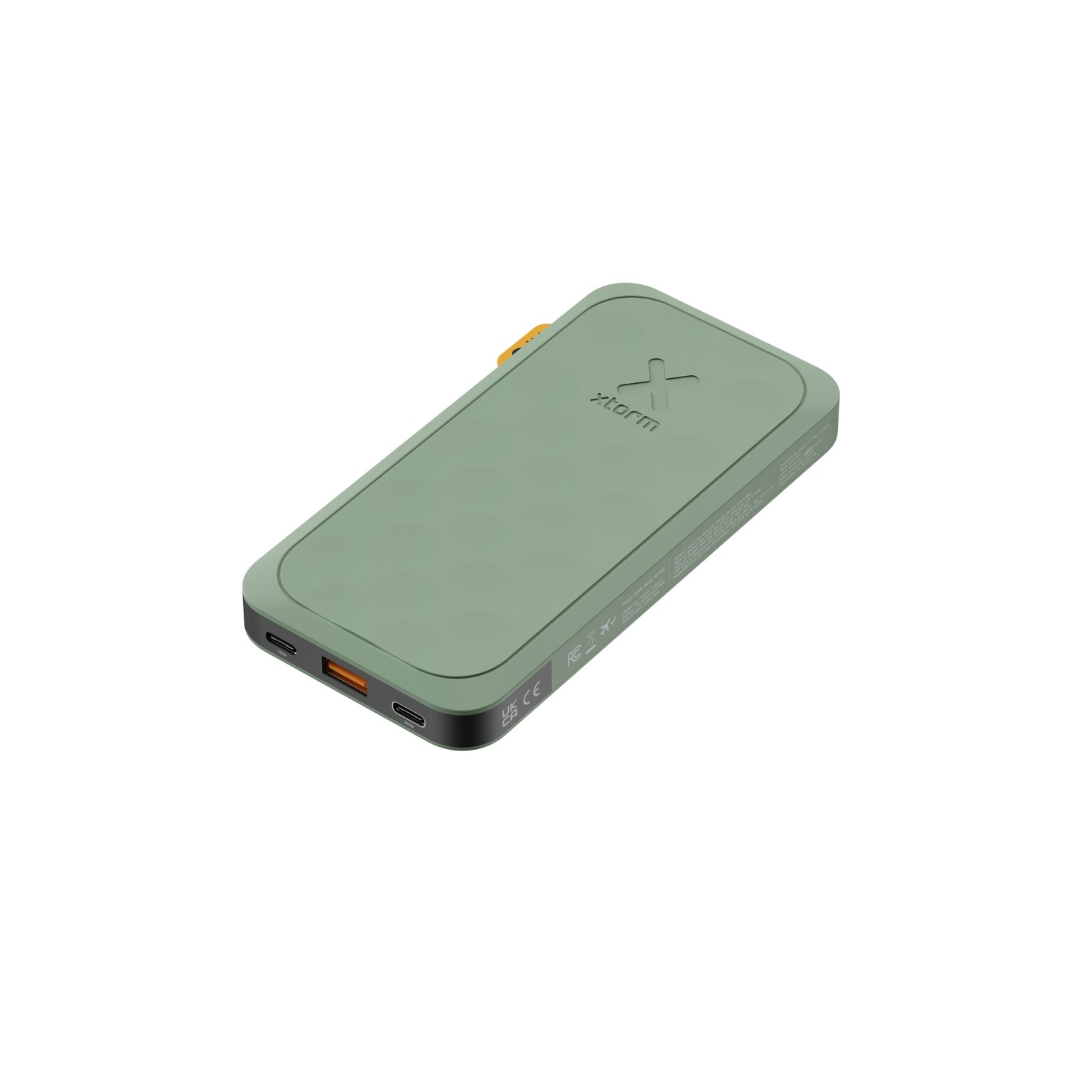 Green power bank with logos and ports.