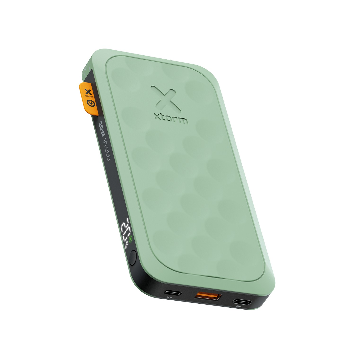 Green Xstorm power bank with a digital display, angled on a white surface.
