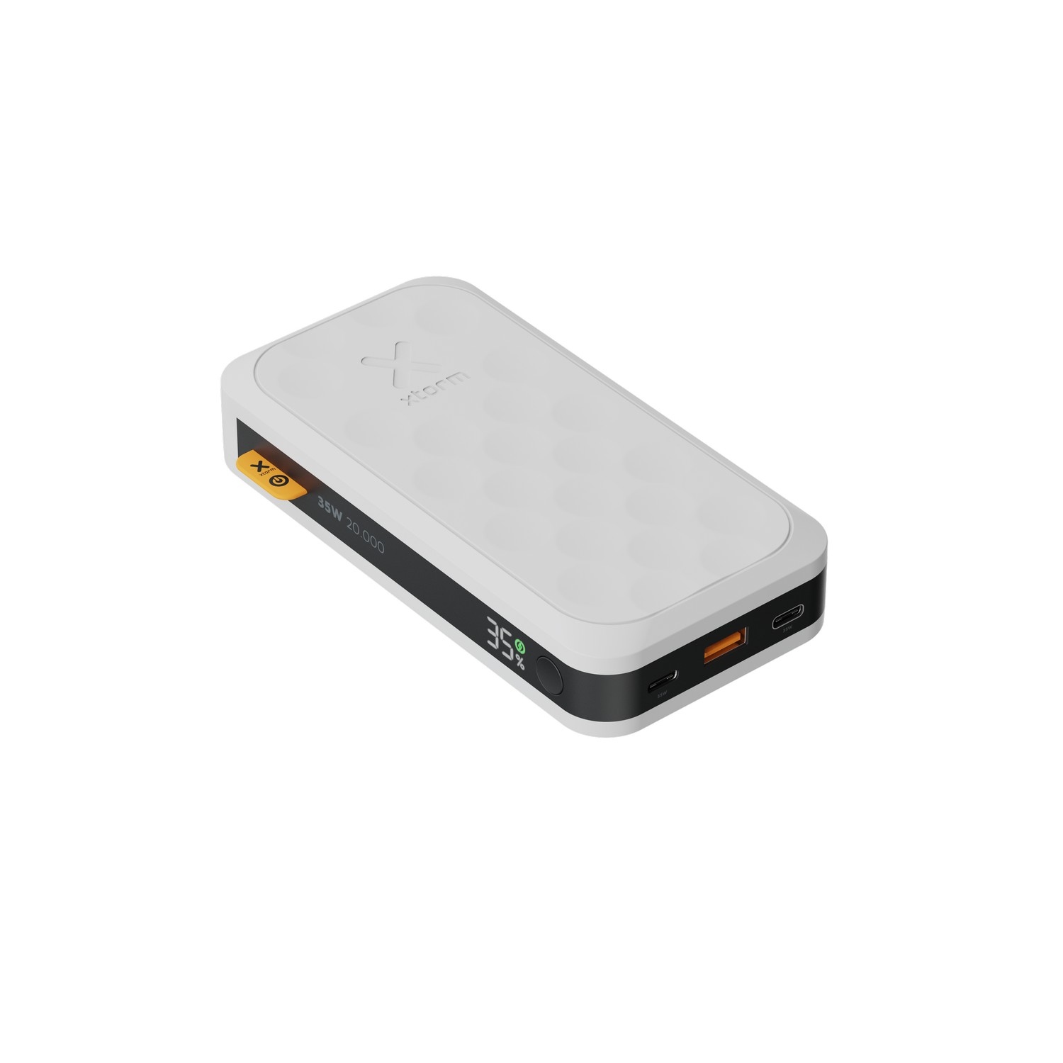 Une batterie externe blanche et noire avec un écran affichant 35 %. Bord noir et port orange.