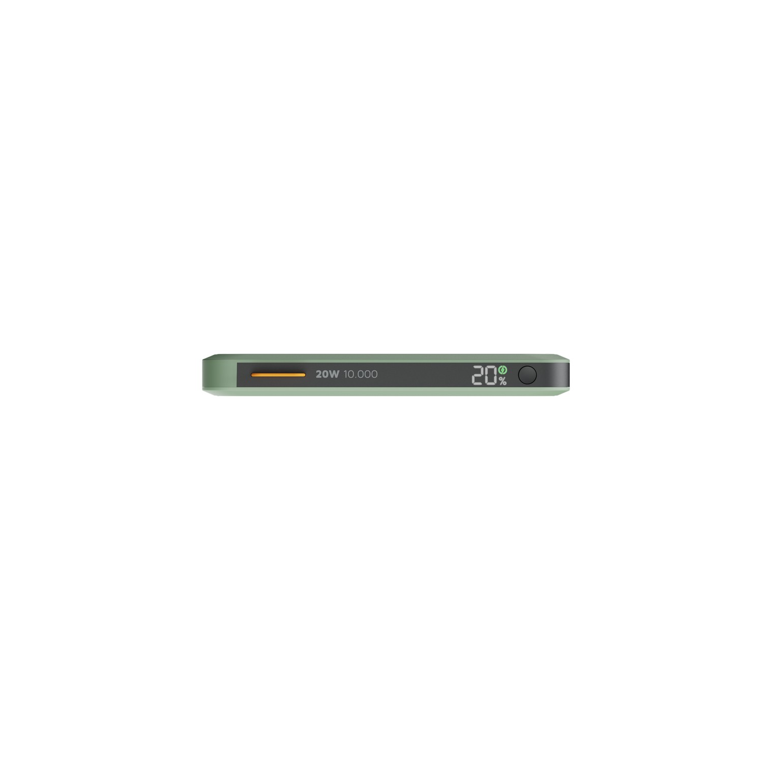 Top view of a green power bank with display showing 20% charge.