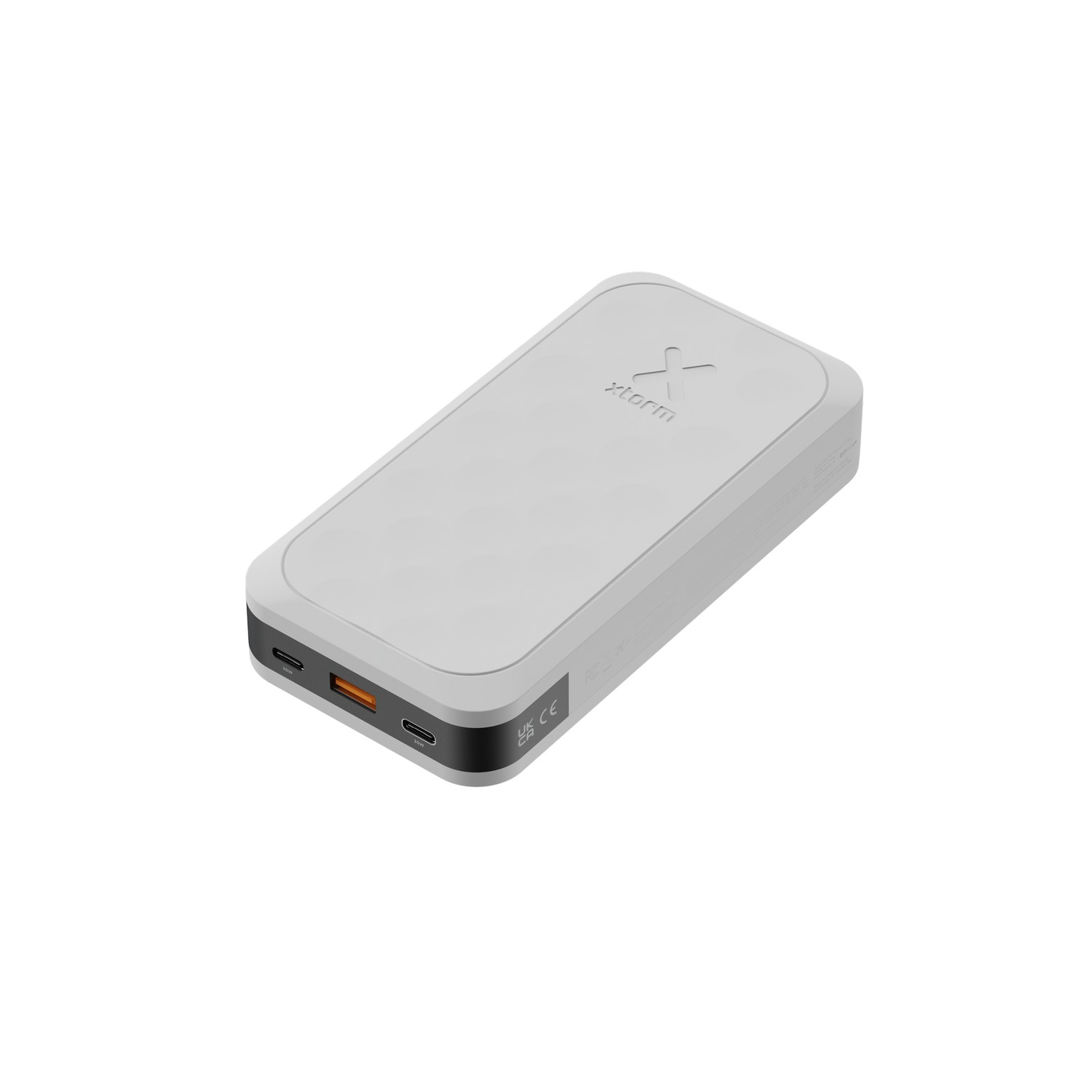 Batterie externe blanche et grise avec logo. Deux ports latéraux, un orange.