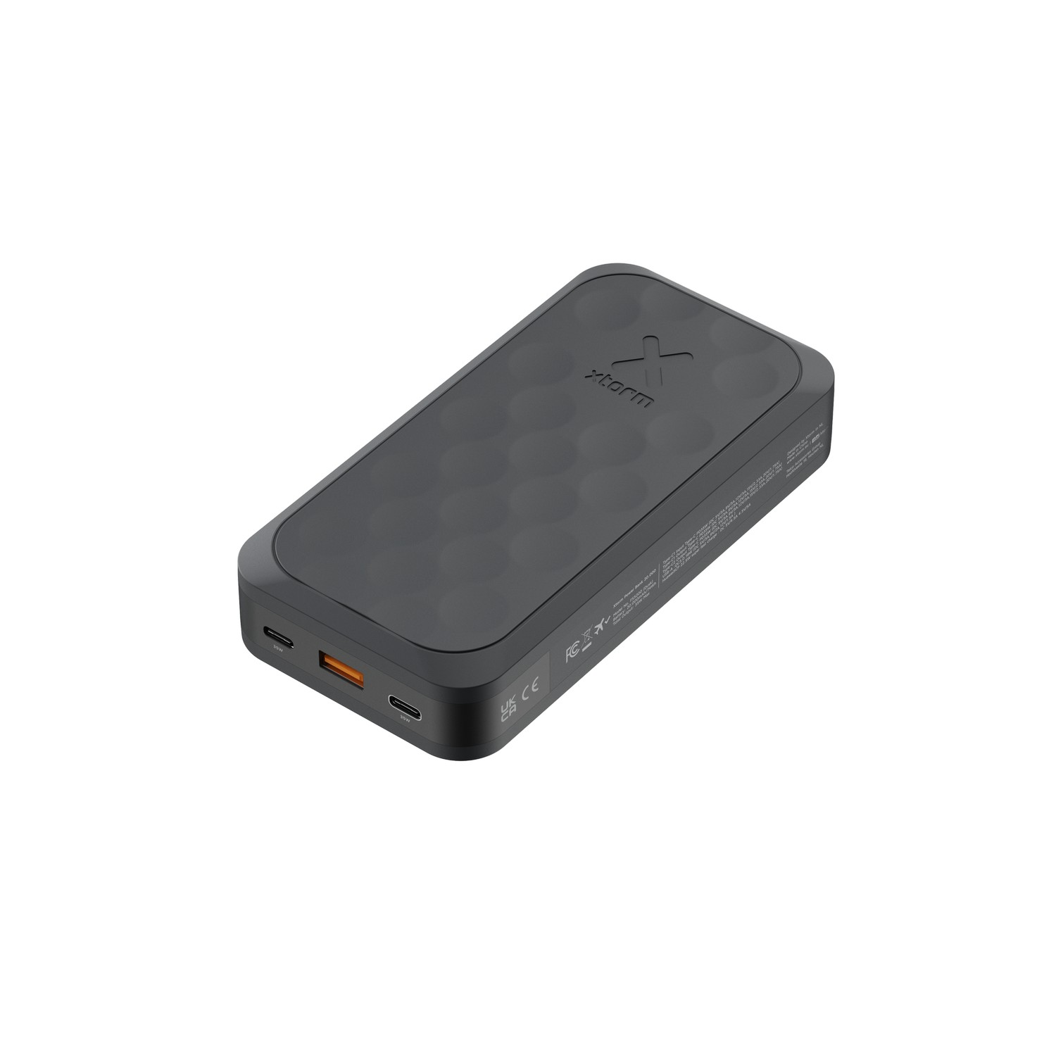 Une batterie externe noire avec le logo X-storm en haut, sur fond blanc.