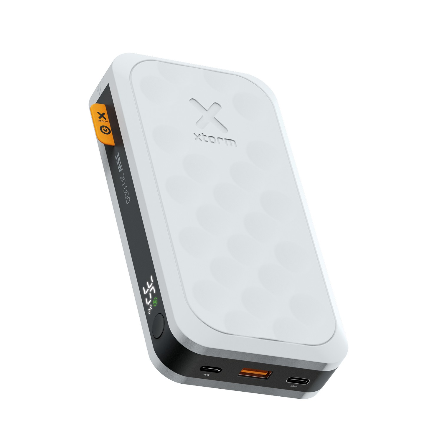 Batterie externe blanche avec des accents noirs. Affiche le niveau de batterie et ports de charge.