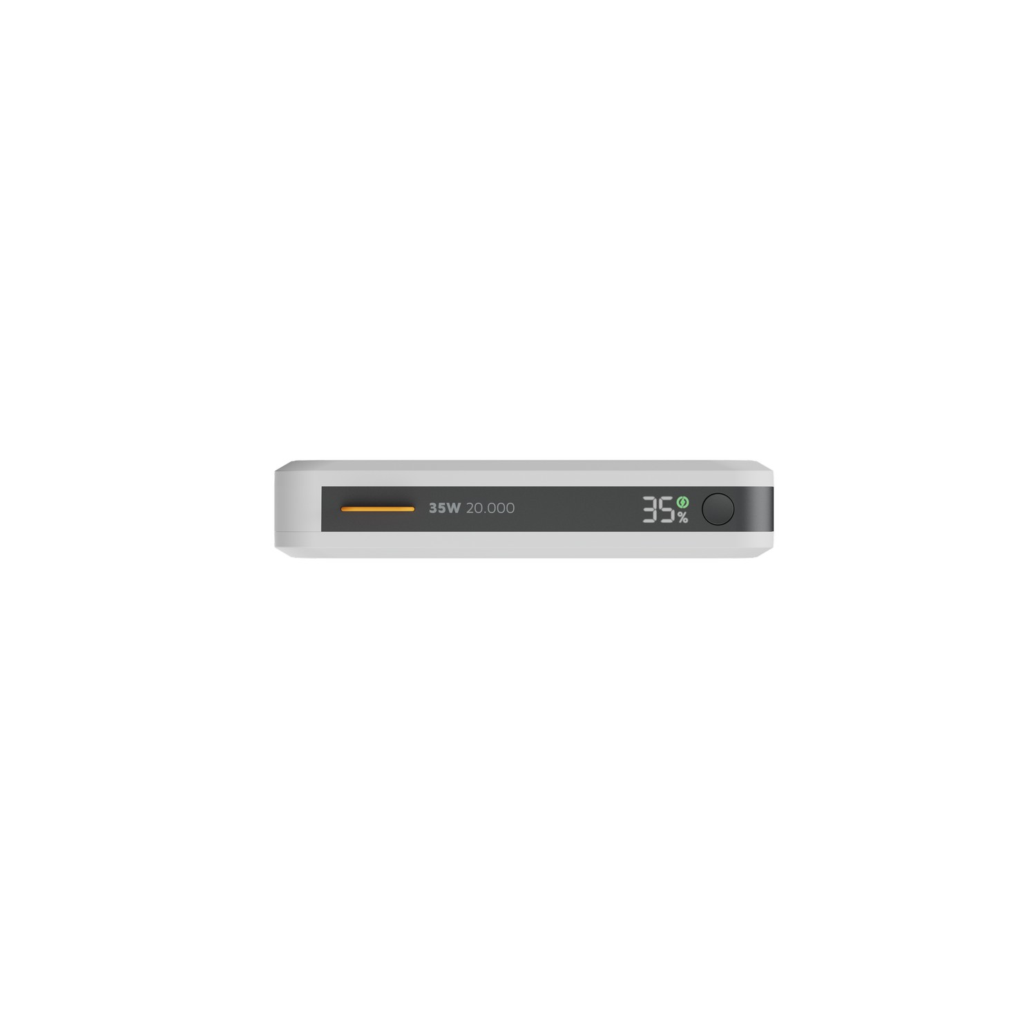 Batterie externe blanche avec affichage indiquant 35% de charge.