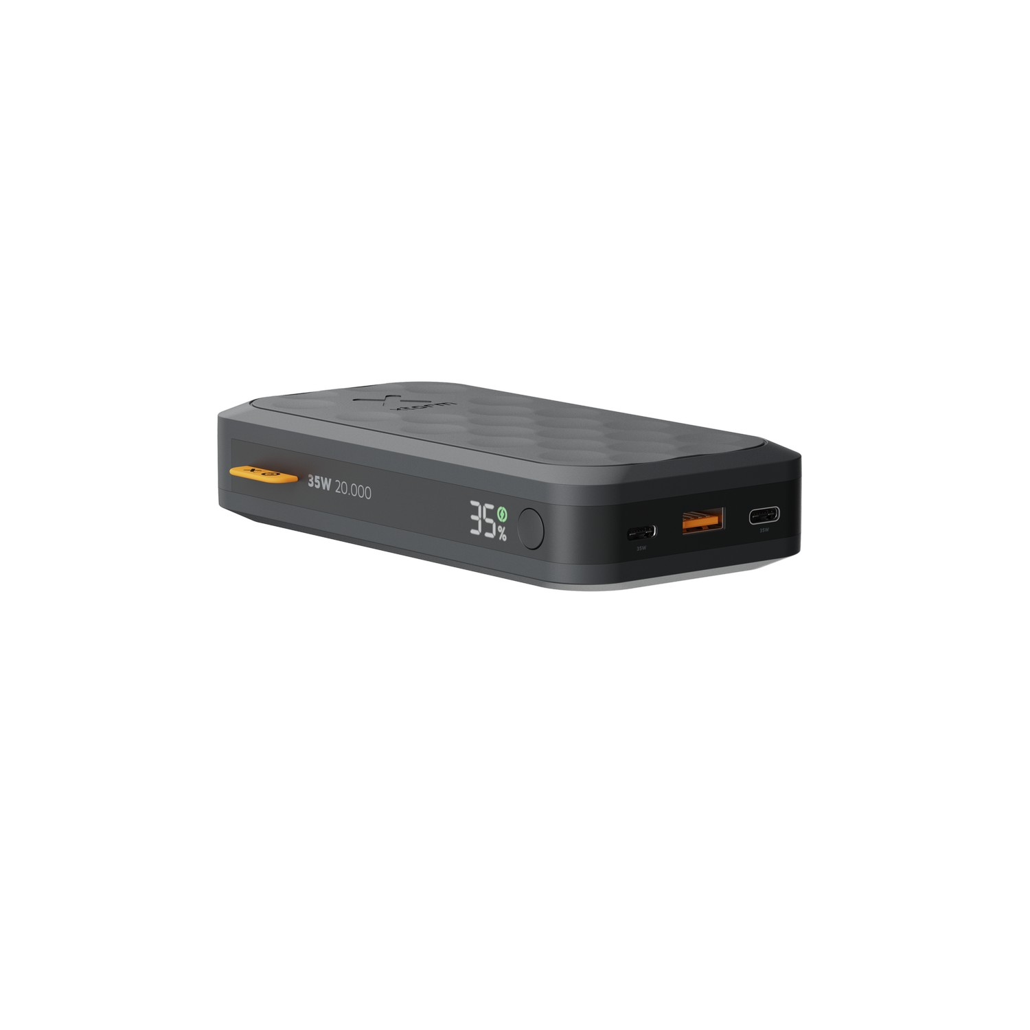 Batterie externe noire avec capacité de 35W 20.000. Texte orange et vert sur l'appareil.