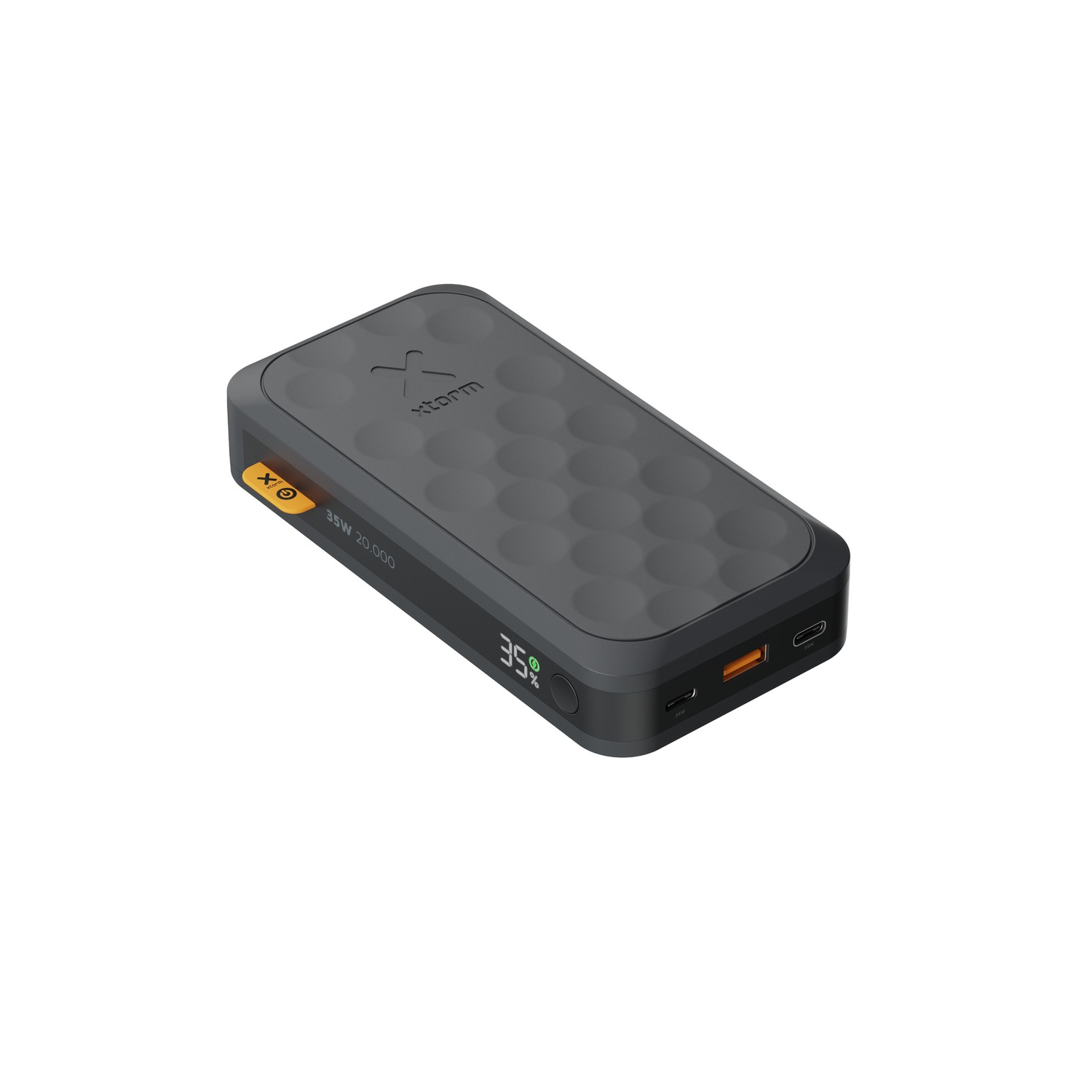 Batterie externe noire et grise avec un écran indiquant 35 % de batterie.