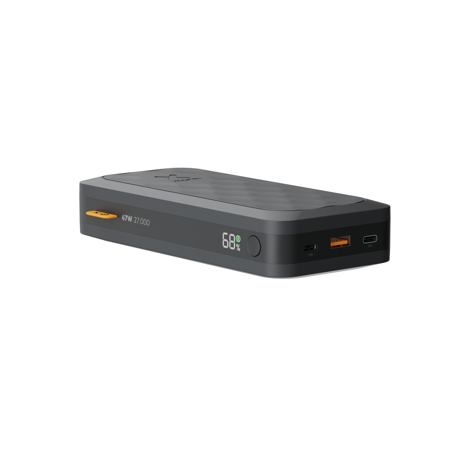 Batterie externe gris foncé avec écran affichant 68 %. Ports orange et USB.