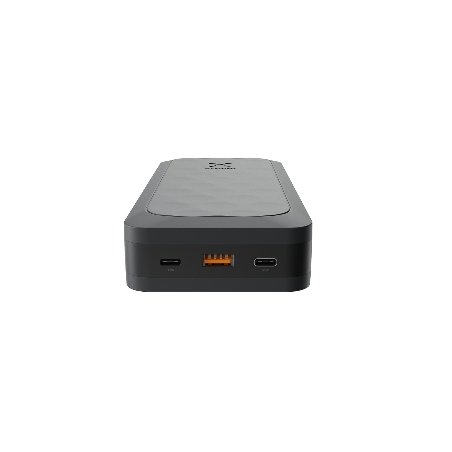 Une batterie externe noire avec des ports, quelques lumières et un dessus texturé.