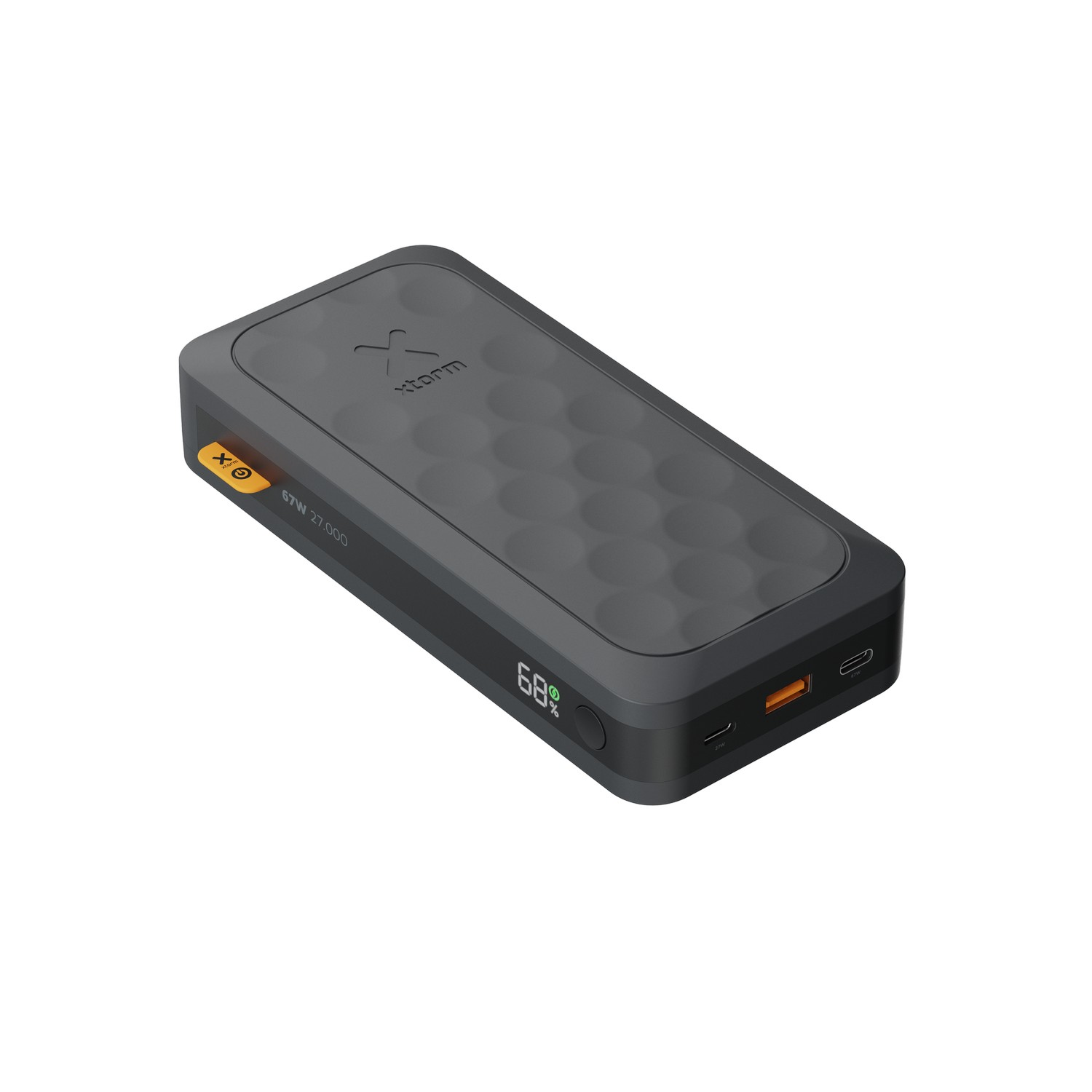 Batterie externe gris foncé avec surface alvéolée et port USB orange. L'écran affiche 68%.