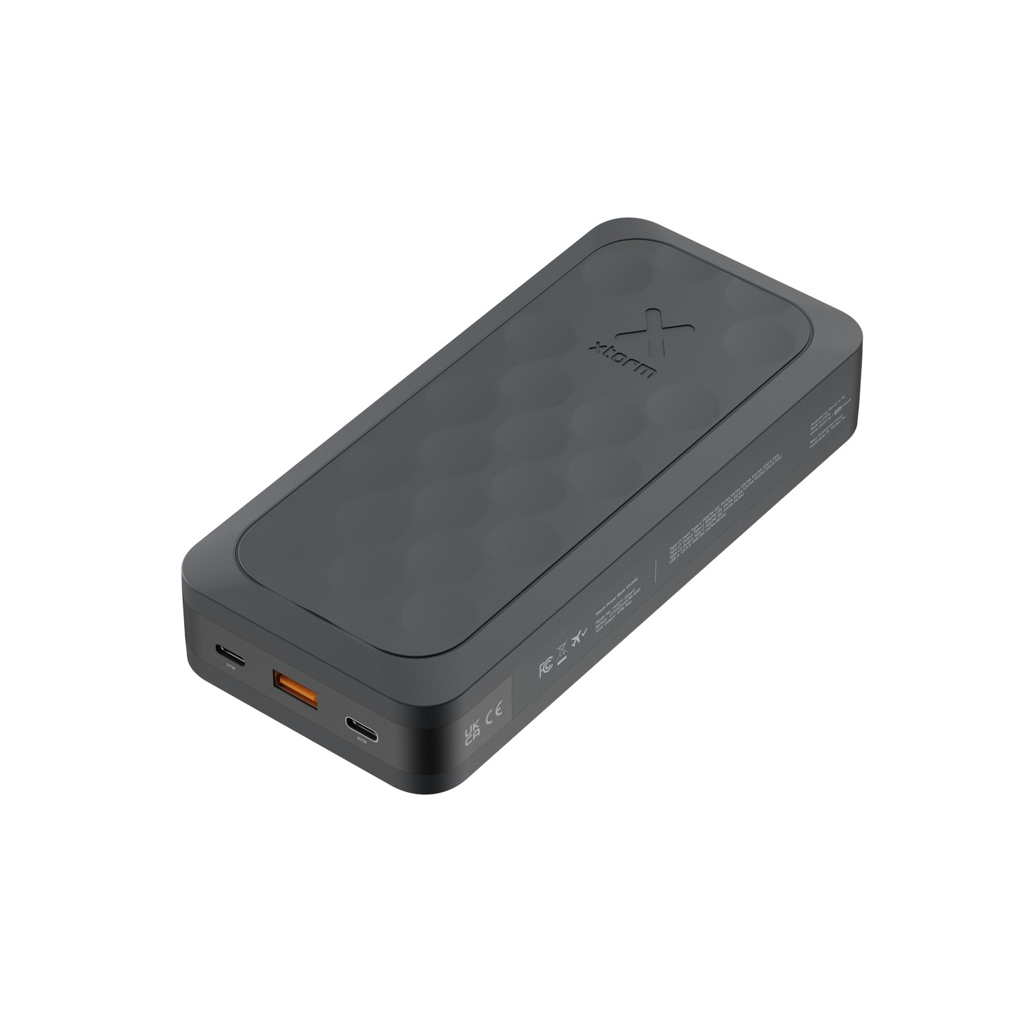 Une batterie externe noire avec le logo X-storm et des ports sur le côté.