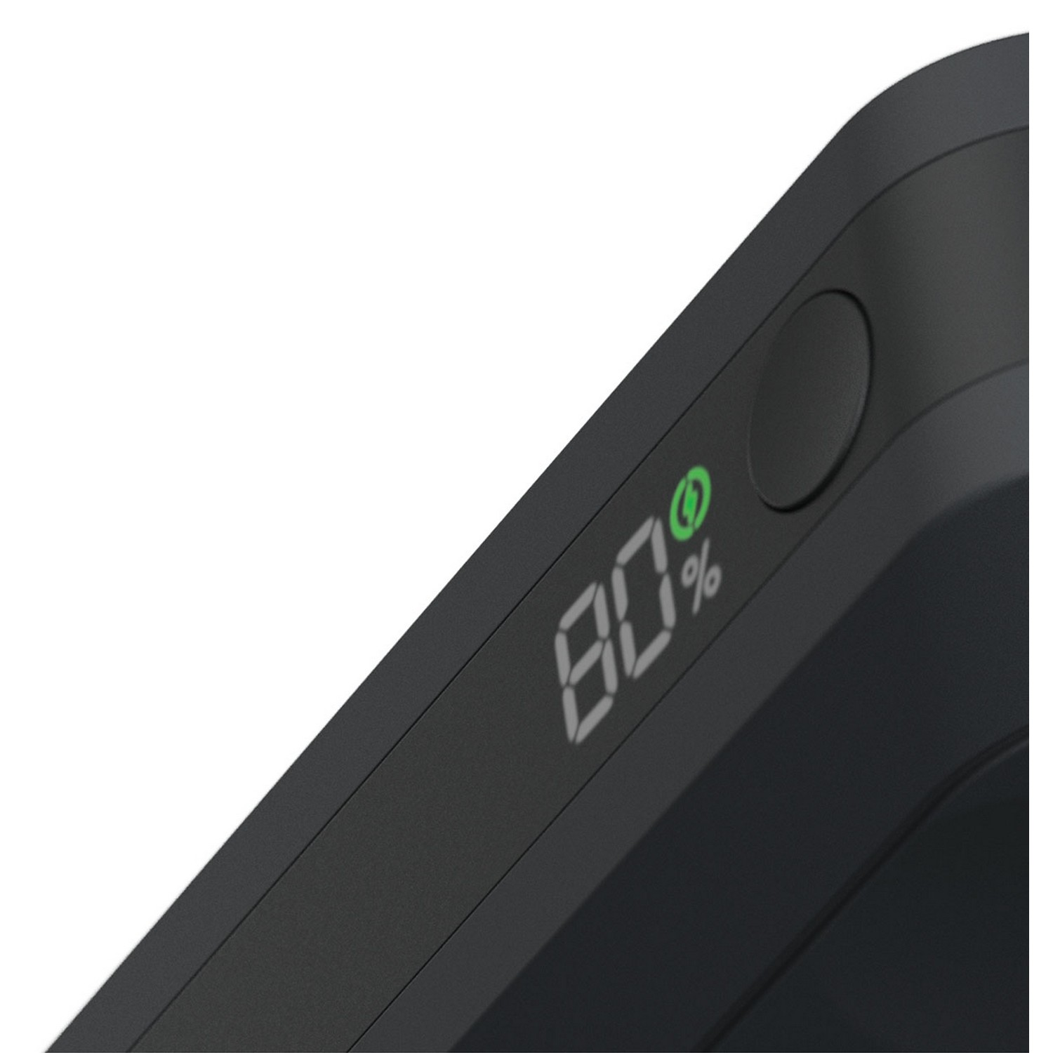 Close-up of a black power bank showing 80% battery and charging symbol.