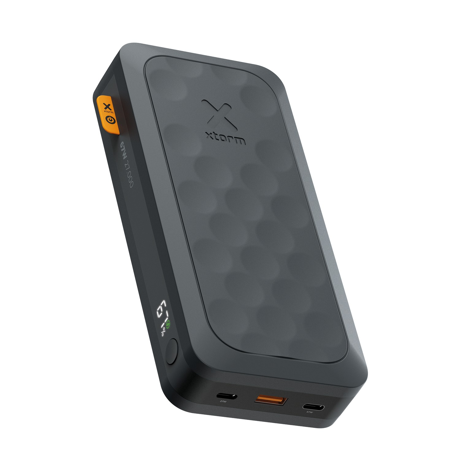 Batterie externe noire avec des touches d'orange et un affichage numérique. Comprend plusieurs ports et la marque Xstorm.