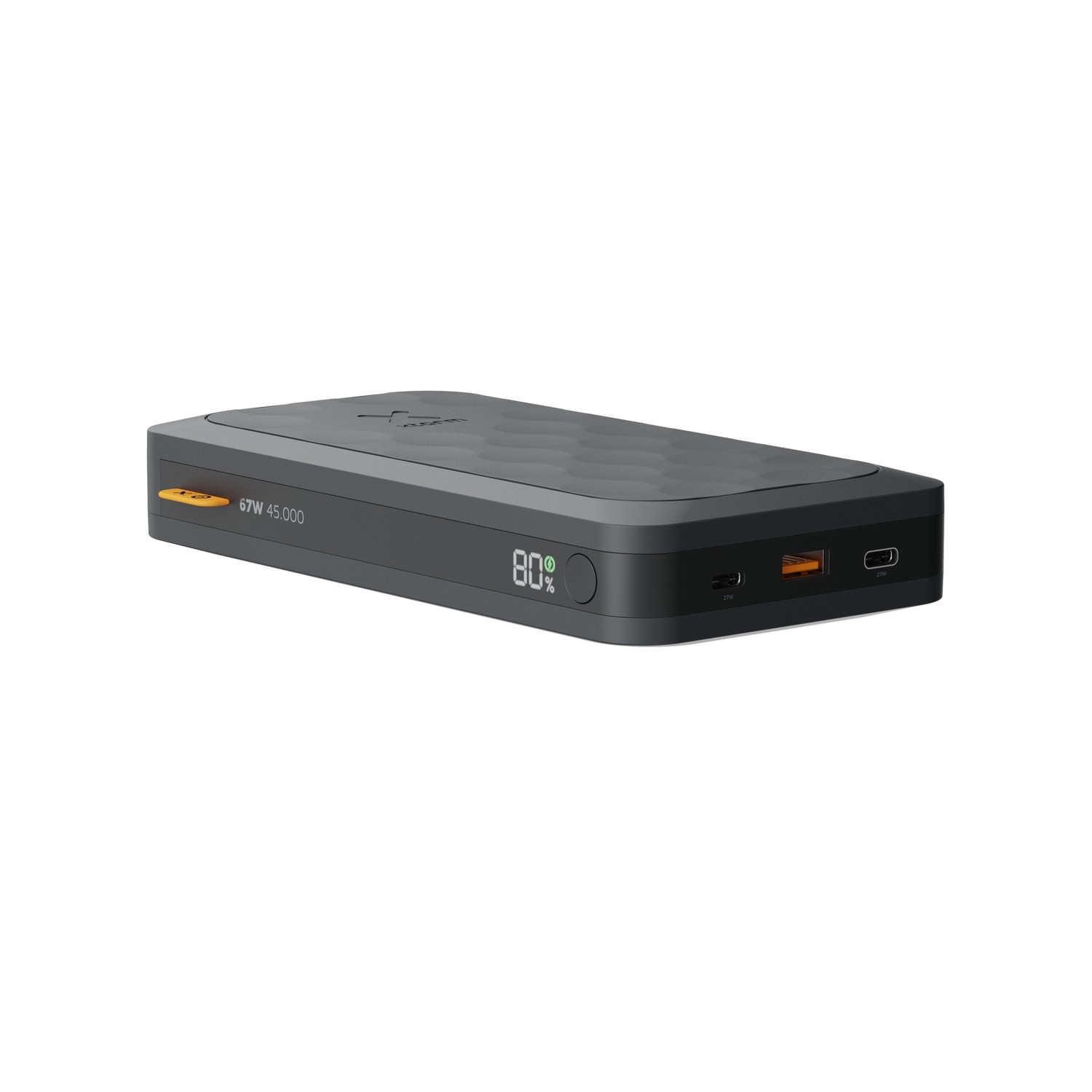 A black power bank with a 67W 45.000 label and an 80% indicator.