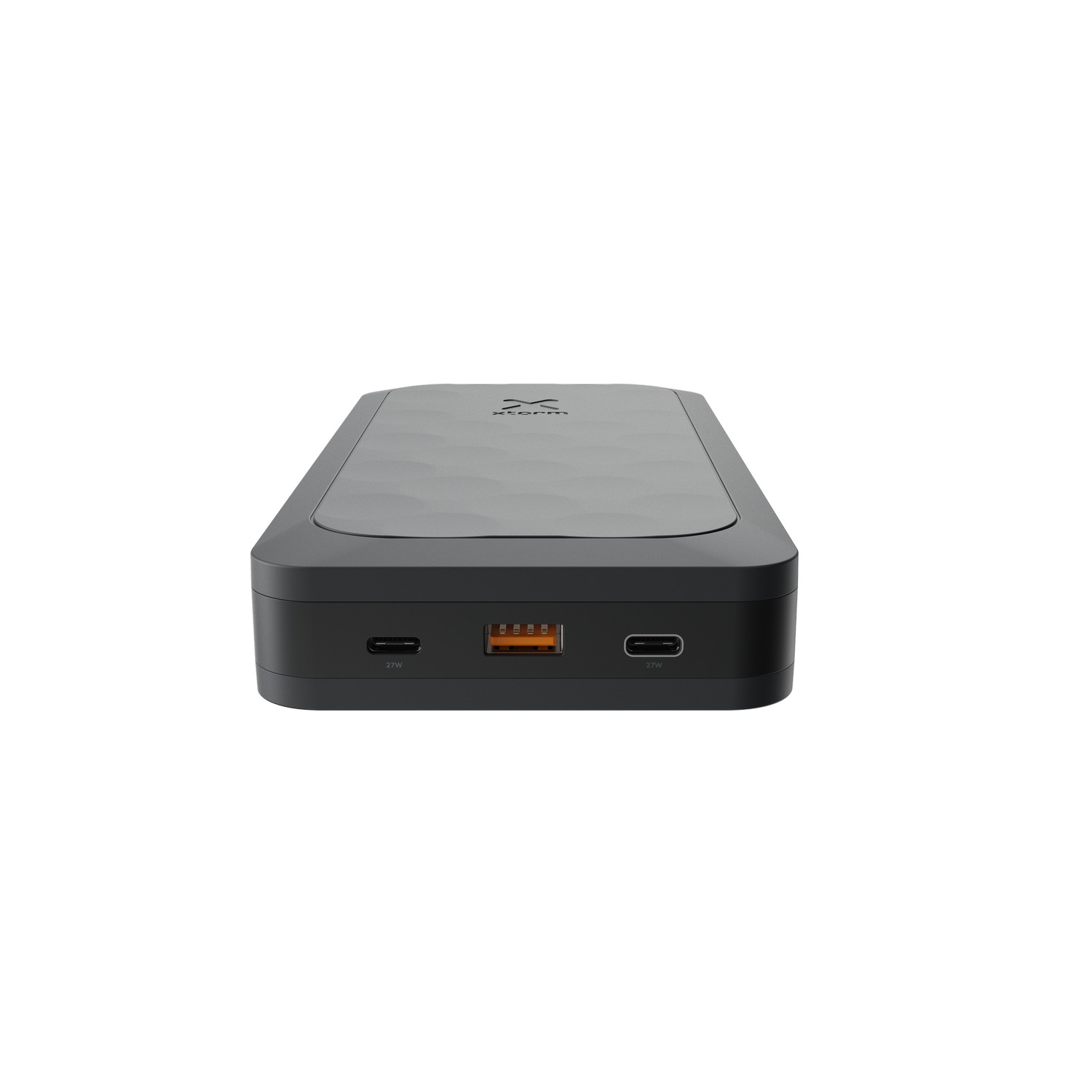 Dark gray portable charger with two USB-C and USB ports.