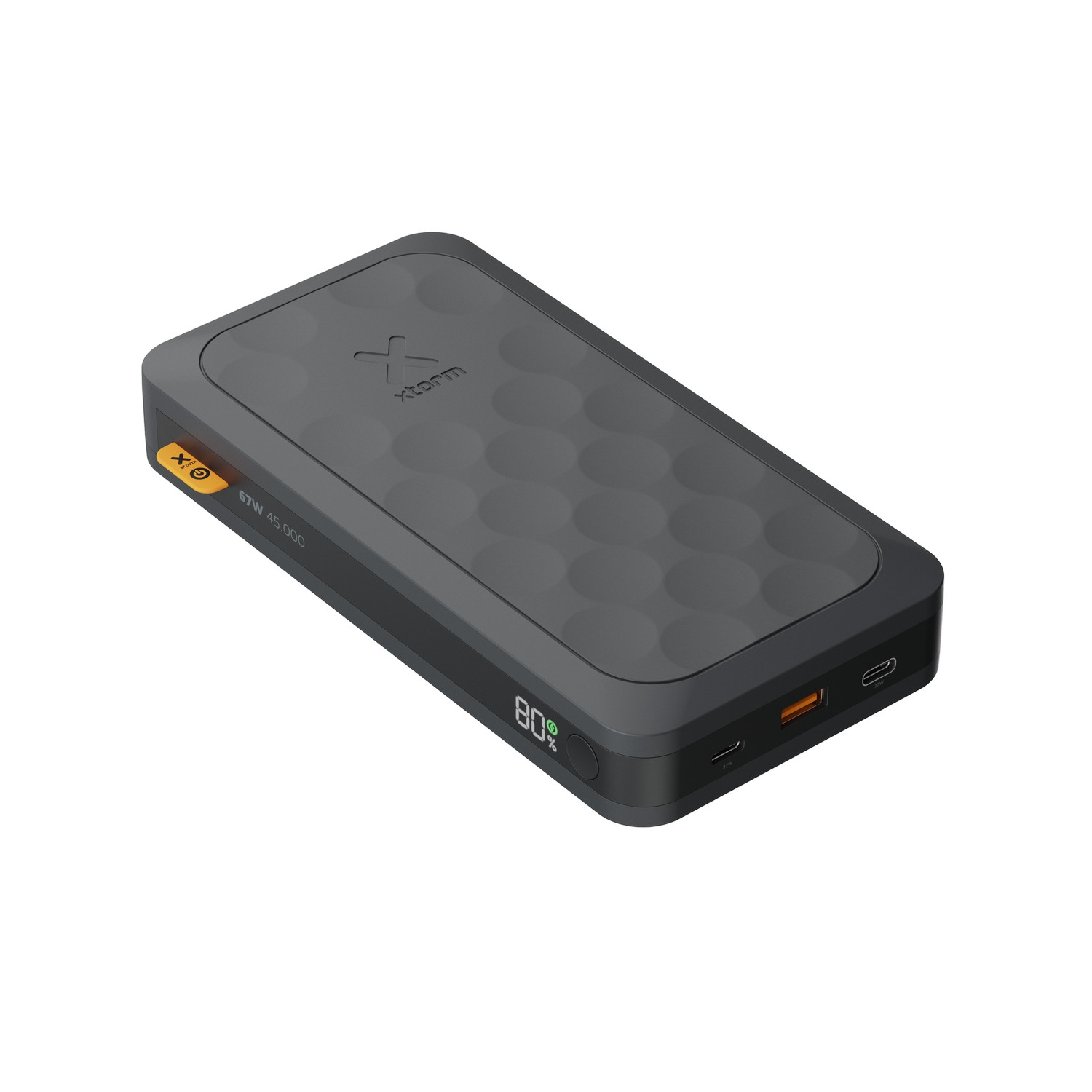 Dark grey power bank with details and orange port.
