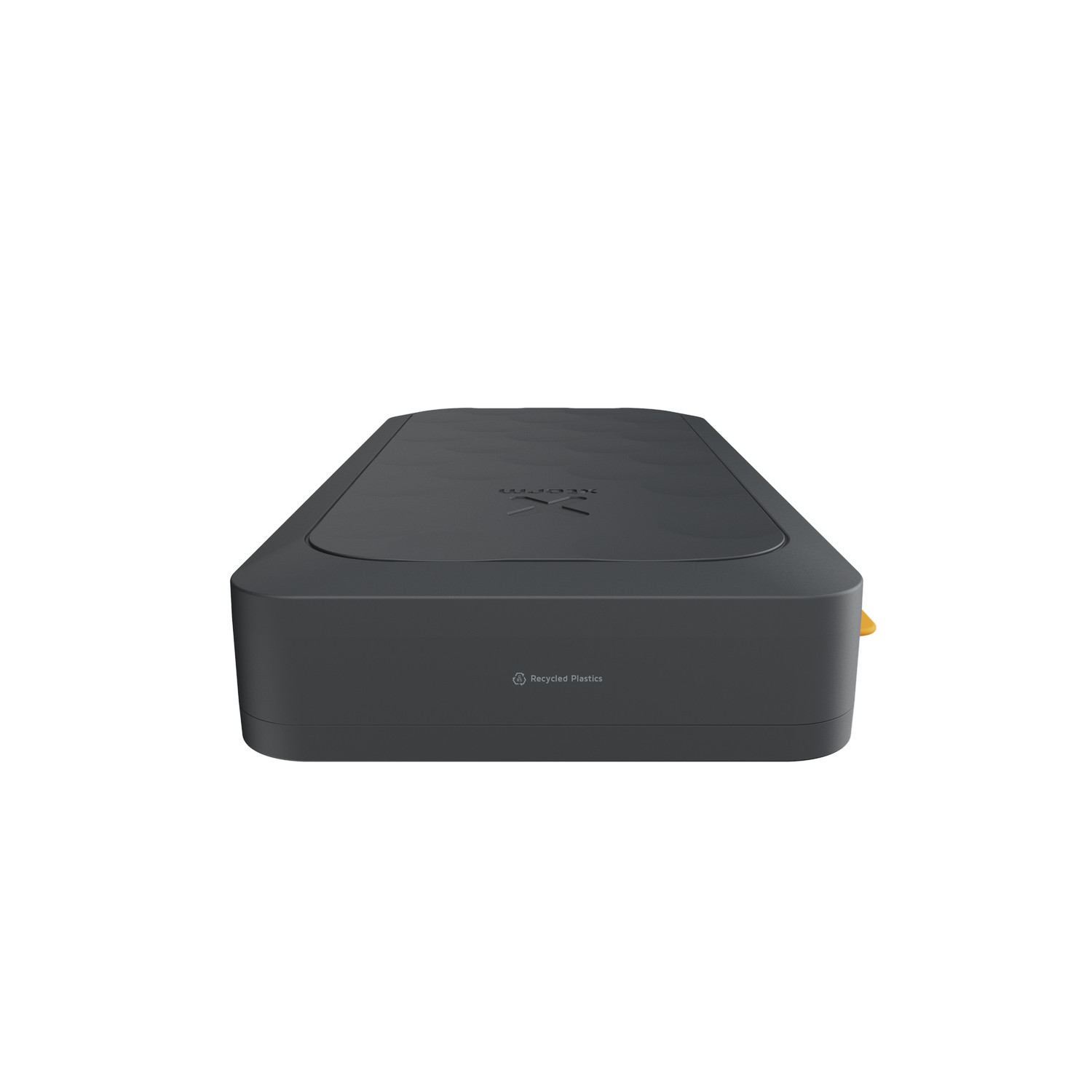Black device, rectangular, front view, with the word 'Xoom' on the top.