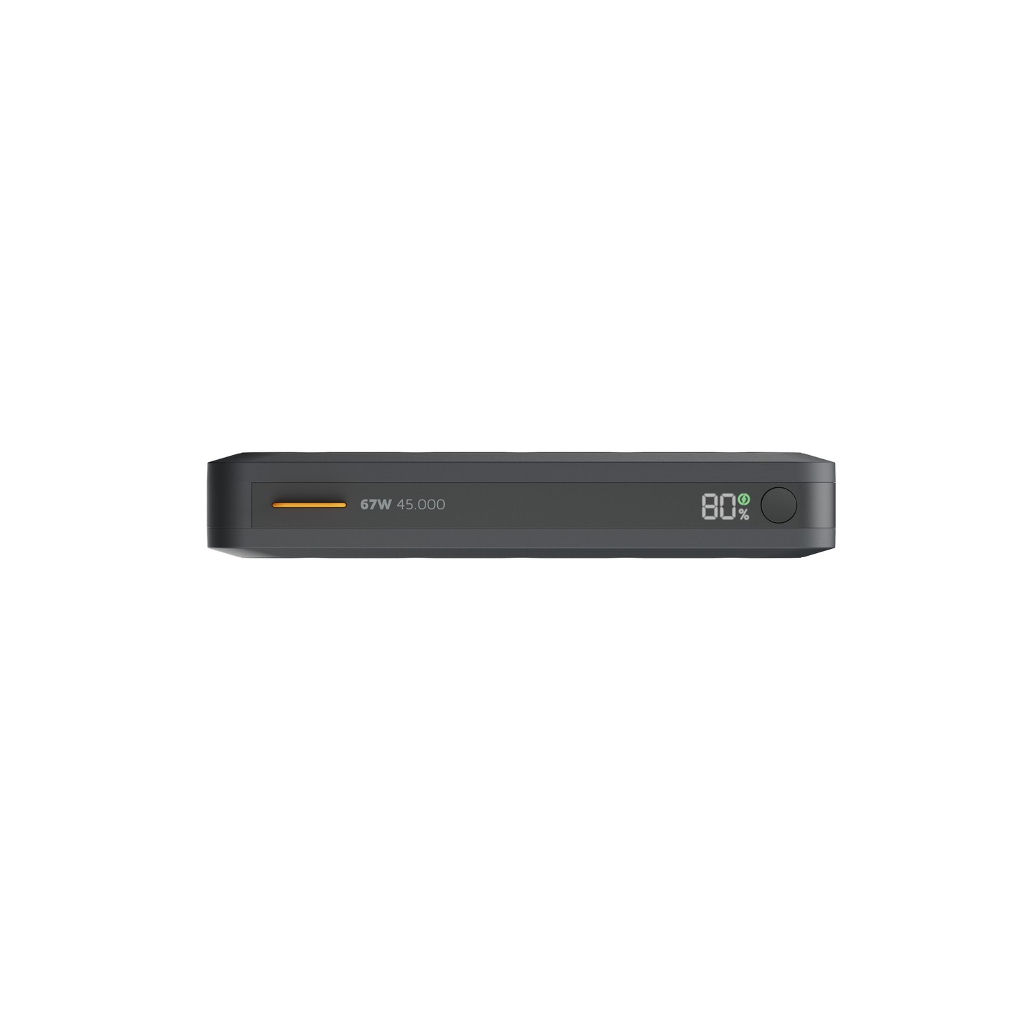 A small, black power bank with an orange stripe and an 80% charge indicator.