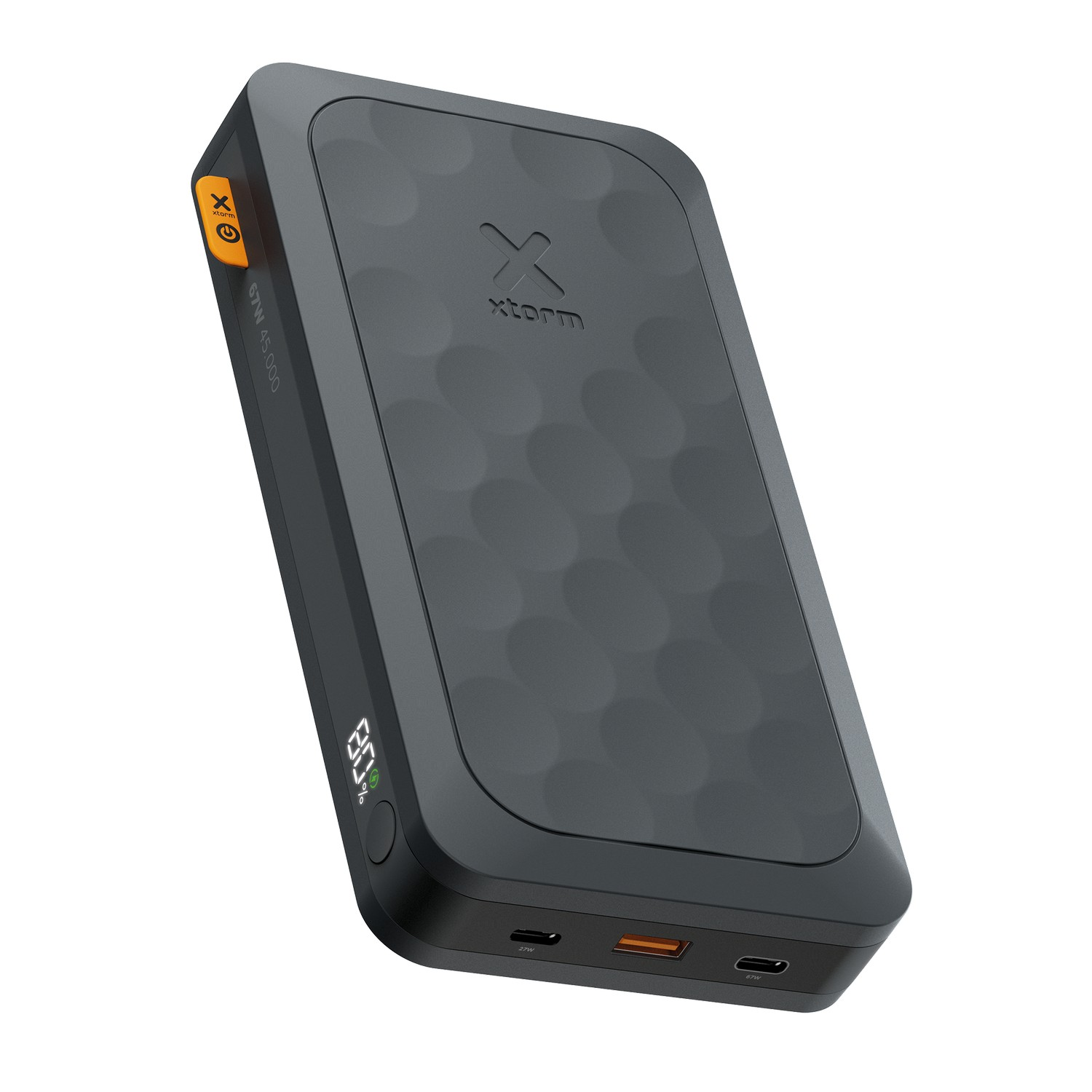Black power bank with orange accents and a screen, displaying battery.