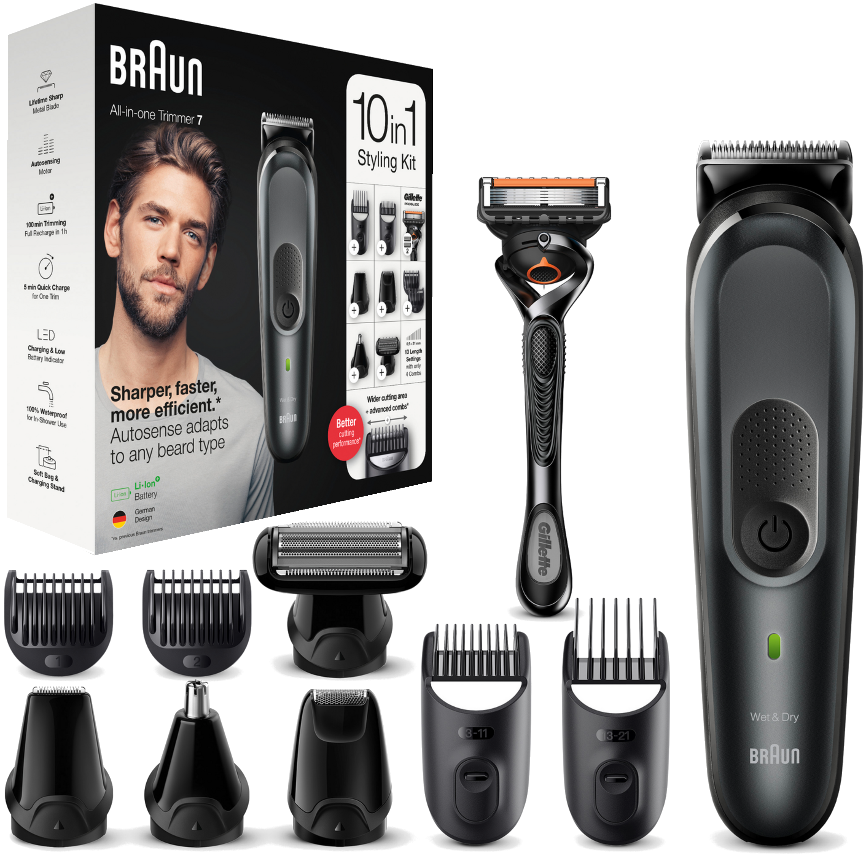 BRAUN Multi-Grooming-Kit 7 MGK7321, 10-in-1-Barttrimmer und Haarschneider, Slate Grey Barttrimmer und Haarschneider, Slate Grey, Akkubetrieb