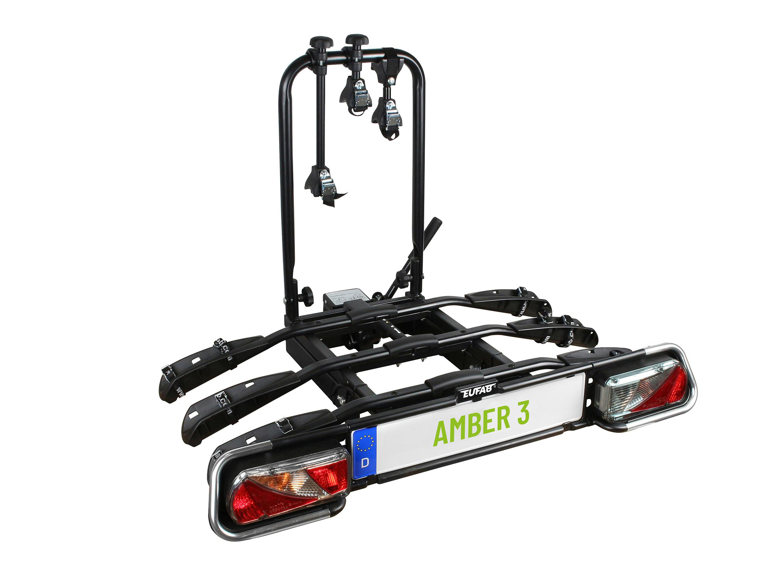 Schwarzer Autoanhänger mit gelben Lichtern und Kennzeichen mit AMBER 3.