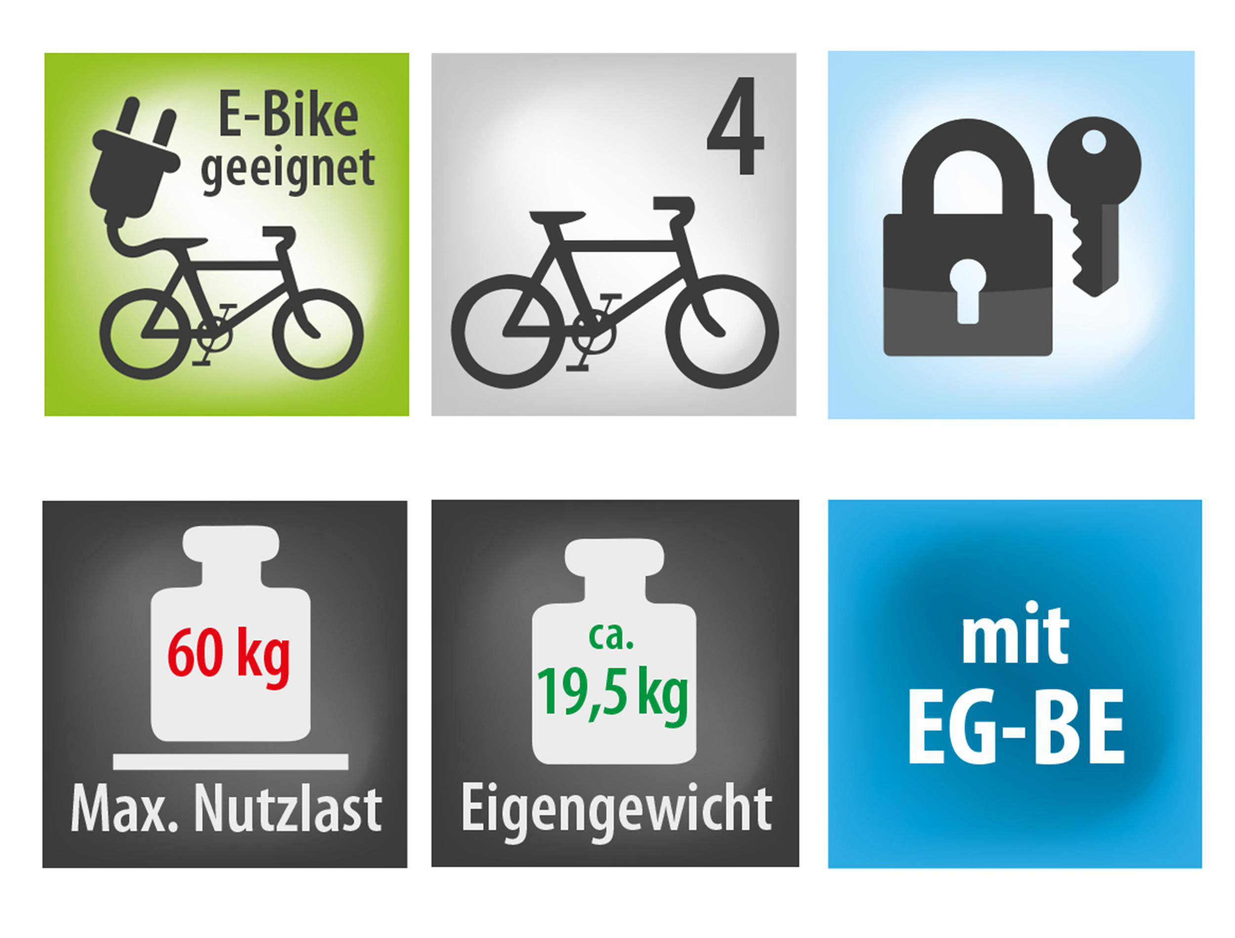Fahrradsymbole mit Text. E-Bike, Fahrrad mit 4 Gängen, Schloss.