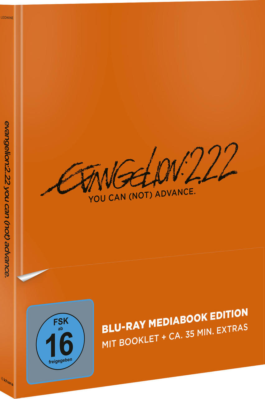 Blu-ray Mediabook mit auffälligem orangefarbenem Cover. Der Titel lautet Evangelion: 2.22 You Can (Not) Advance.