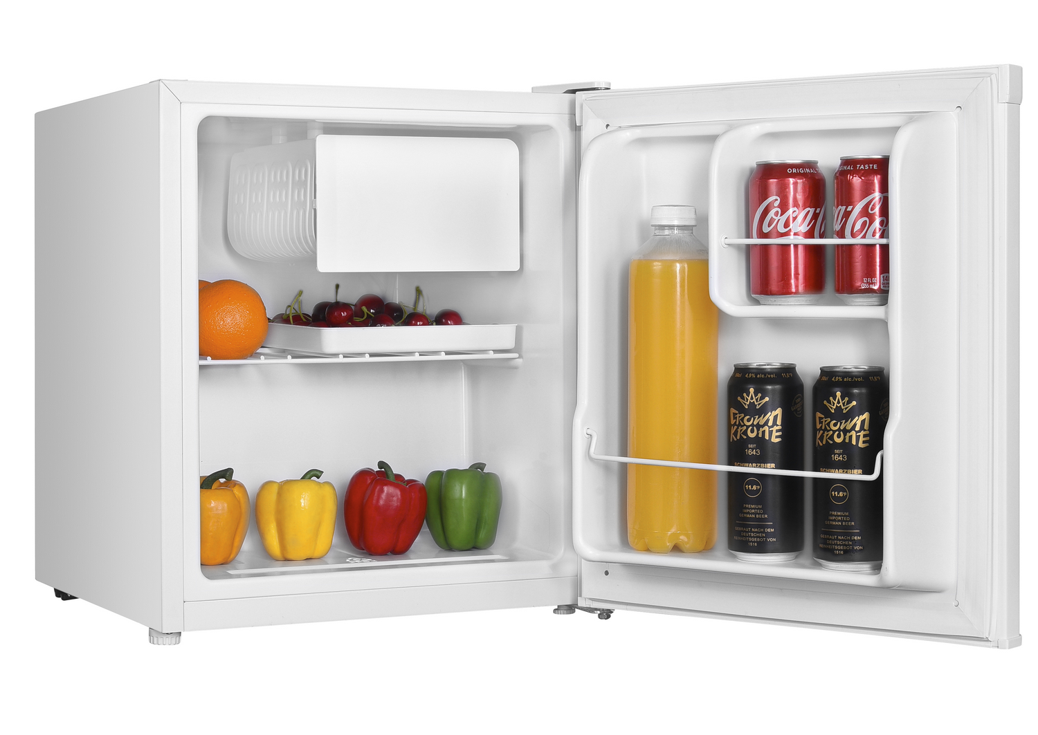 Mini-nevera blanca abierta con bebidas y productos dentro.